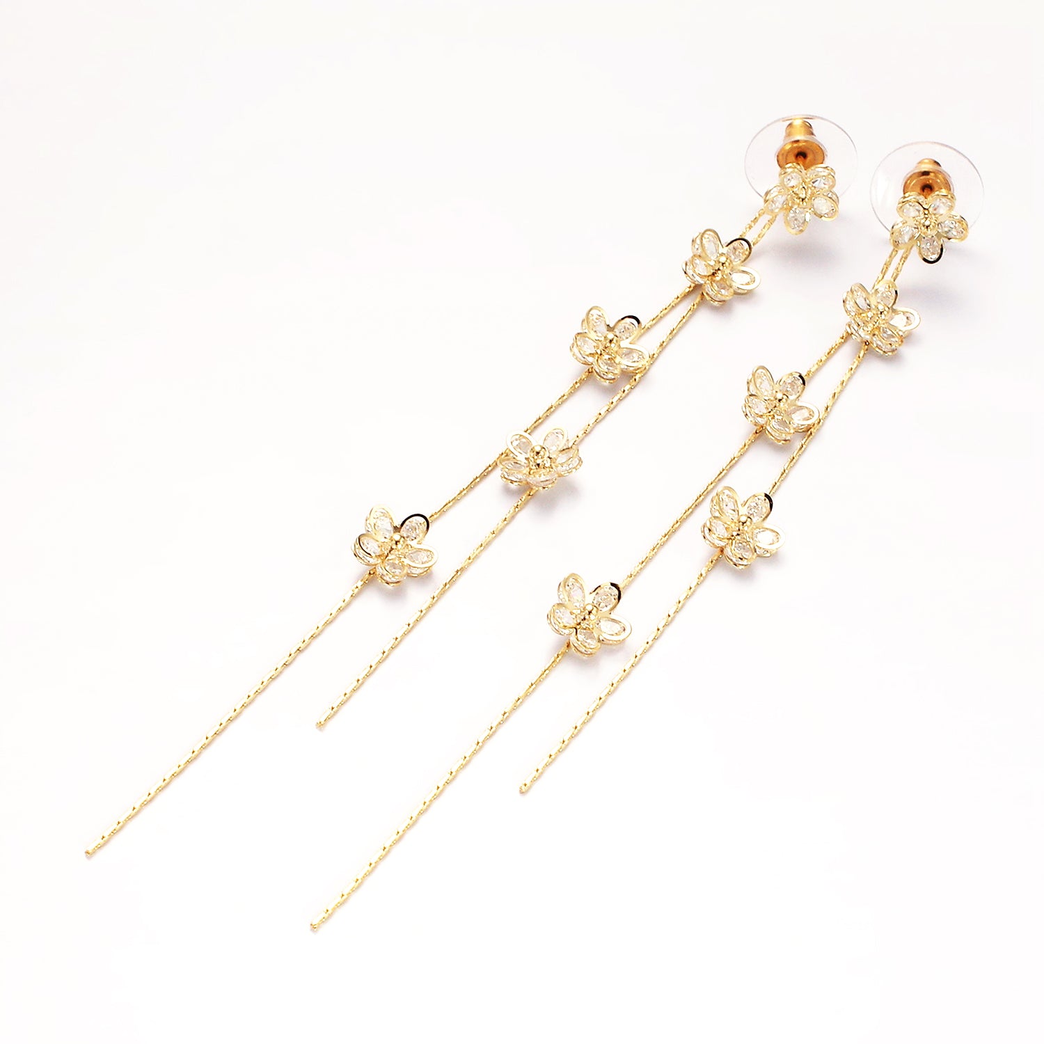 115mm Multiple Clear CZ Flower Double Linear Drop Stud Earrings in Gold & Silver