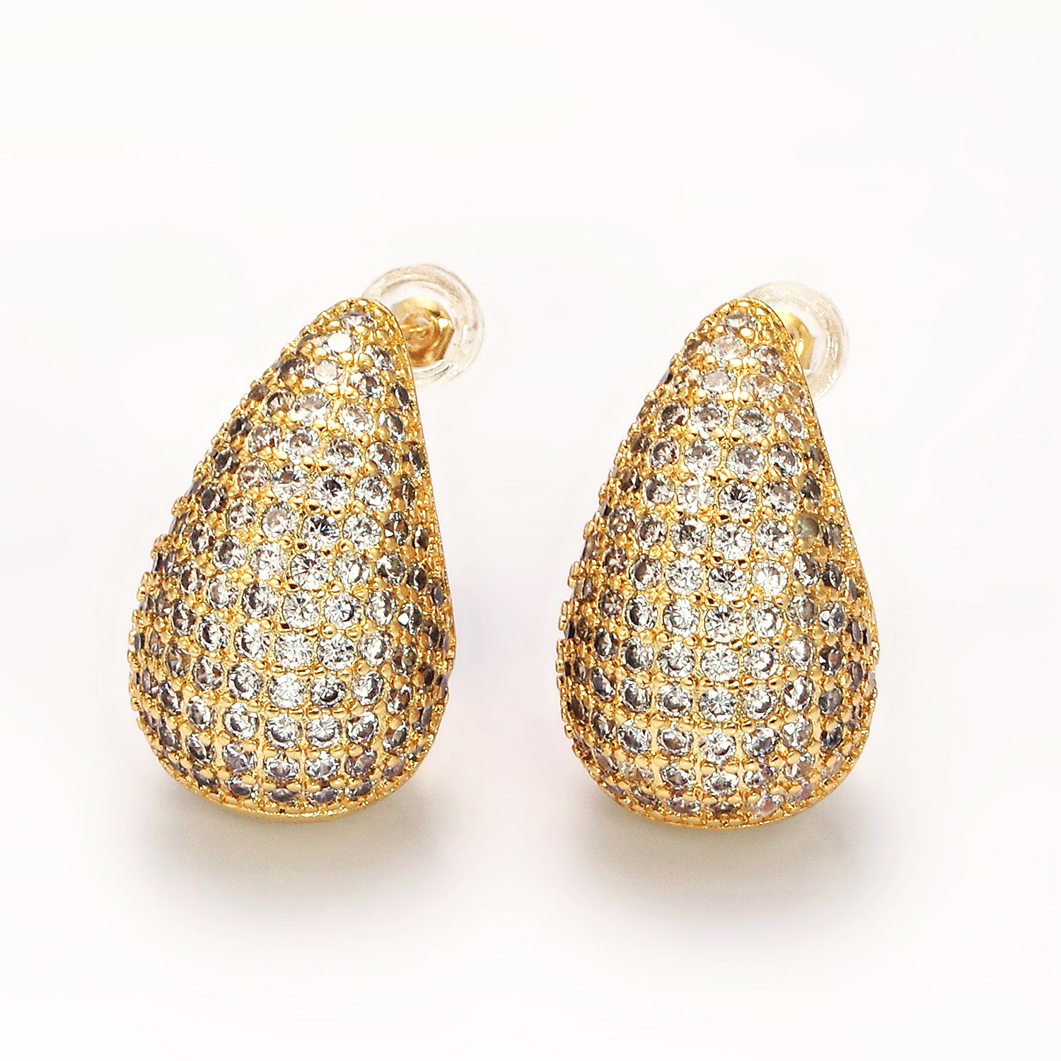 Gold Clear Paved CZ Teardrop Dome C-Shaped Stud Earrings in Gold & Silver ✦ EA-21AE336 EA21AE337