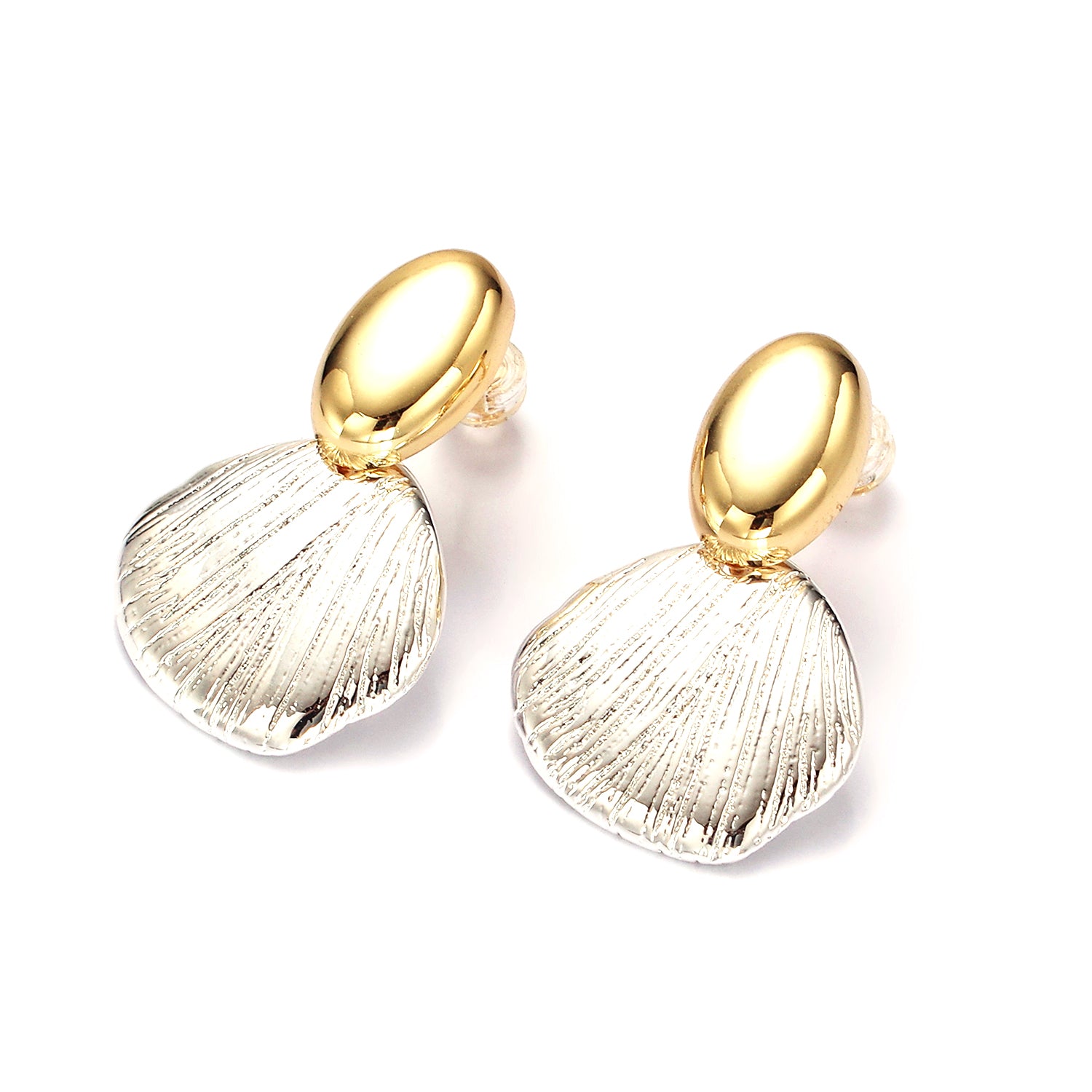 Gold Line-Textured Abstract Oval Dome Mixed Metal Drop Stud Earrings ✦  EA-21AE374