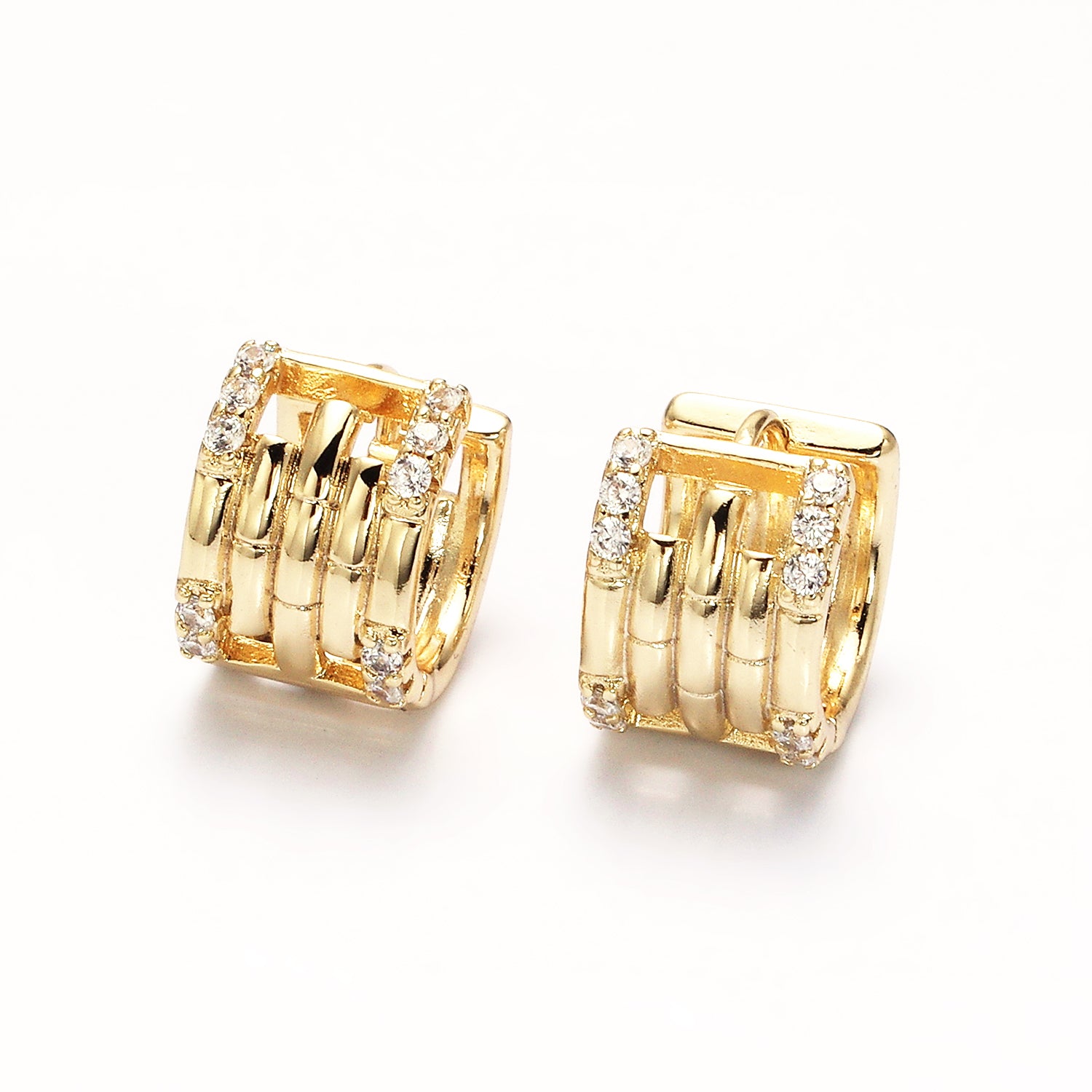 Gold Clear Micro Paved Lined Multiple Band Bamboo Wide 14mm Huggie Earrings