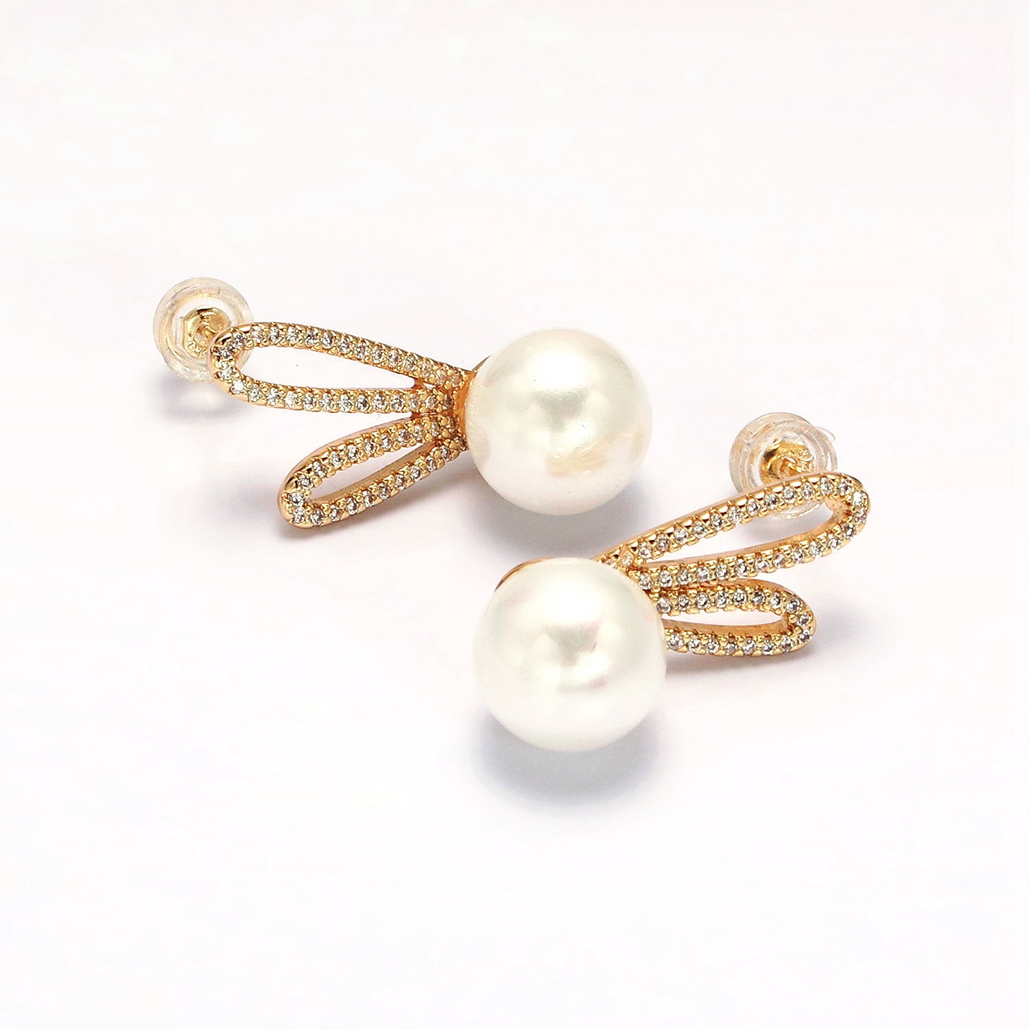 Gold Round White Pearl Micro Paved CZ Bunny Rabbit Ears Stud Earrings in Gold & Silver ✦ EA-21AE558