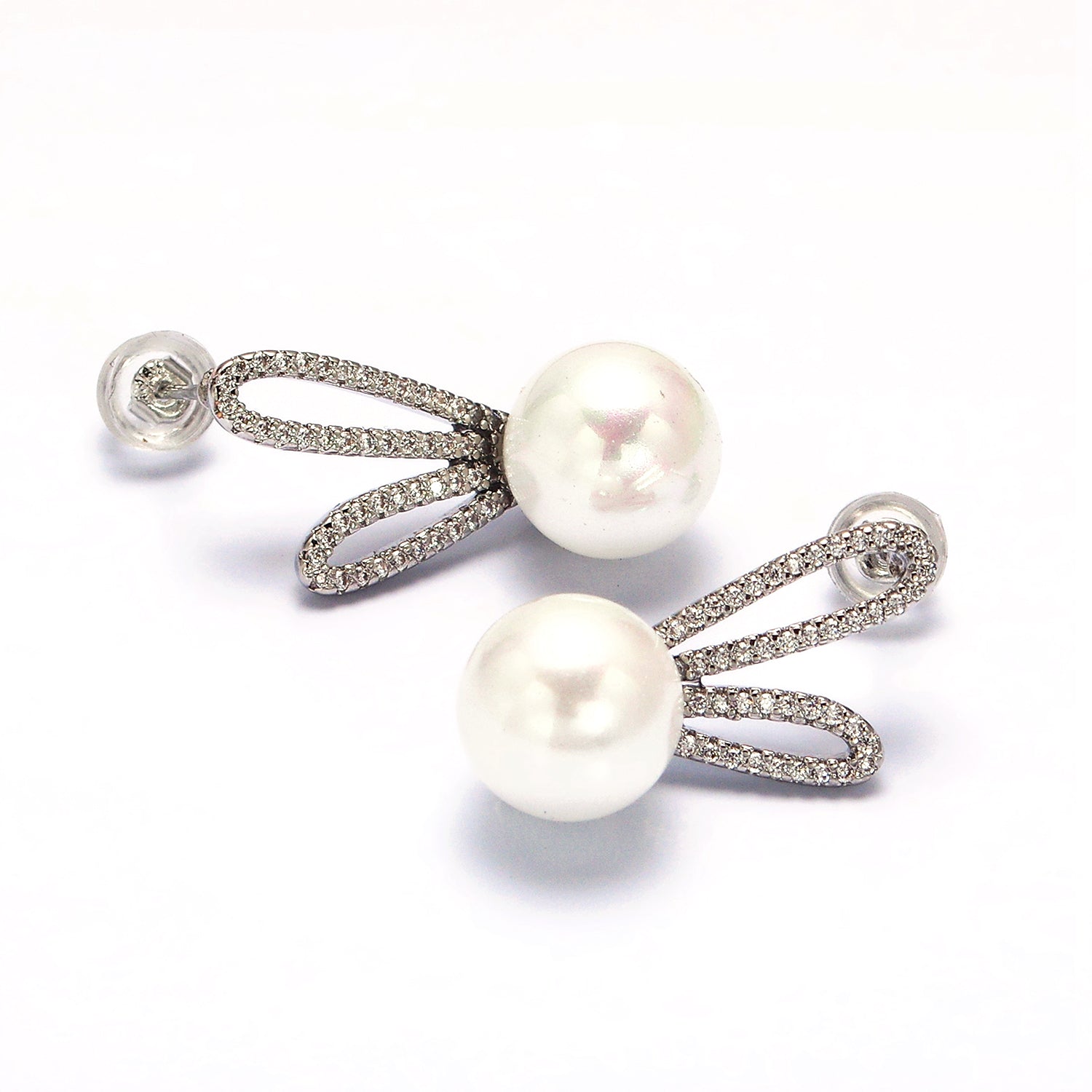 Gold Round White Pearl Micro Paved CZ Bunny Rabbit Ears Stud Earrings in Gold & Silver ✦ EA-21AE558