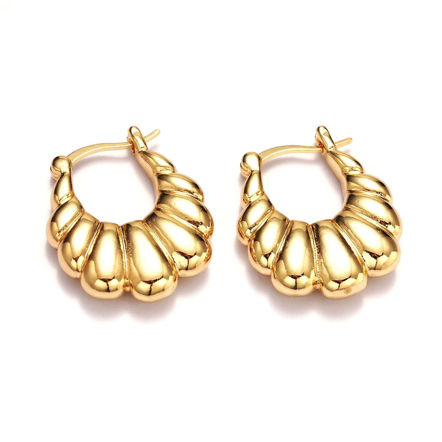 Gold U-Shaped Puffed Croissant French Lock Latch Hoop Earrings