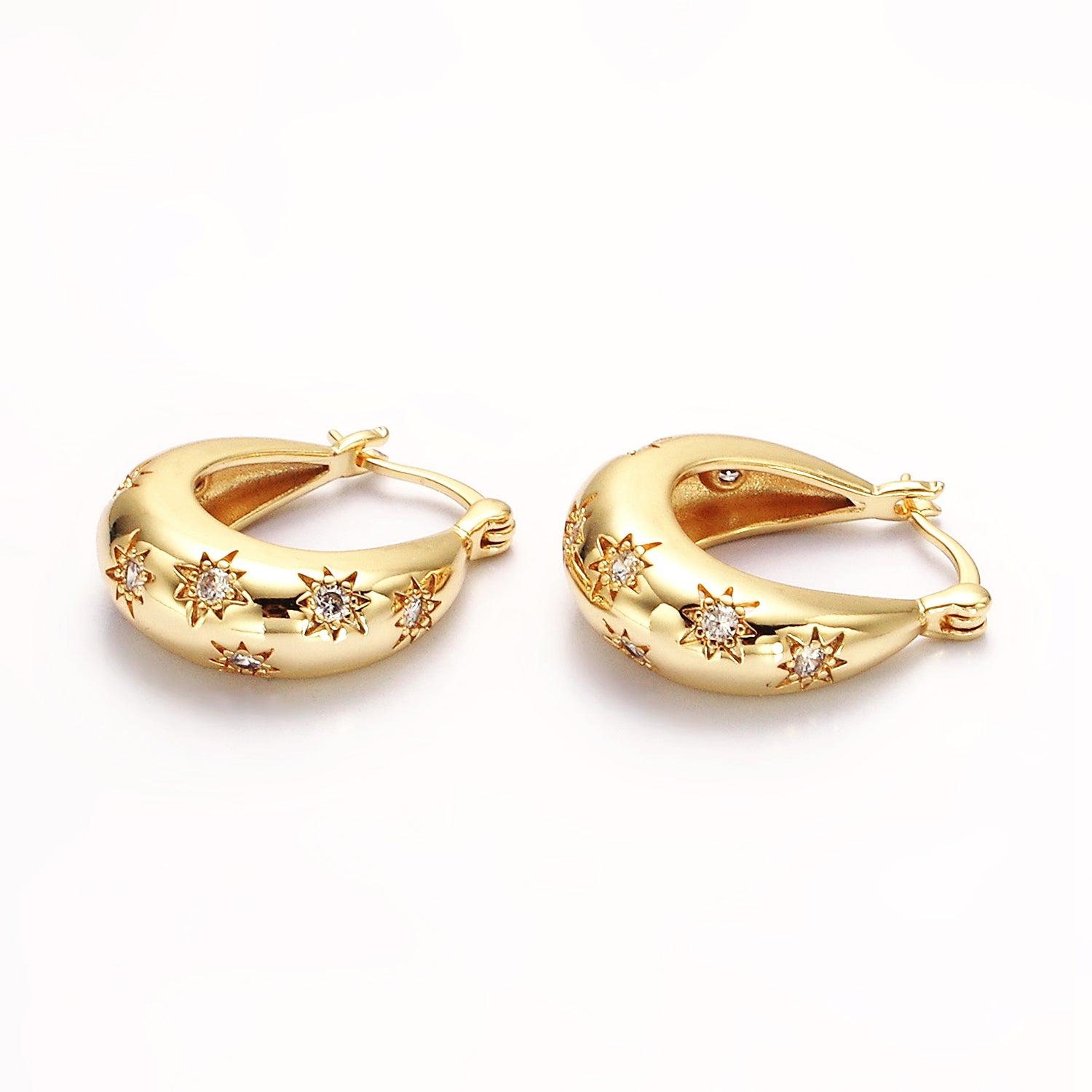 Gold Oblong Dome Celestial Stars CZ French Lock Latch Hoop Earrings ✦ EA-21AE634