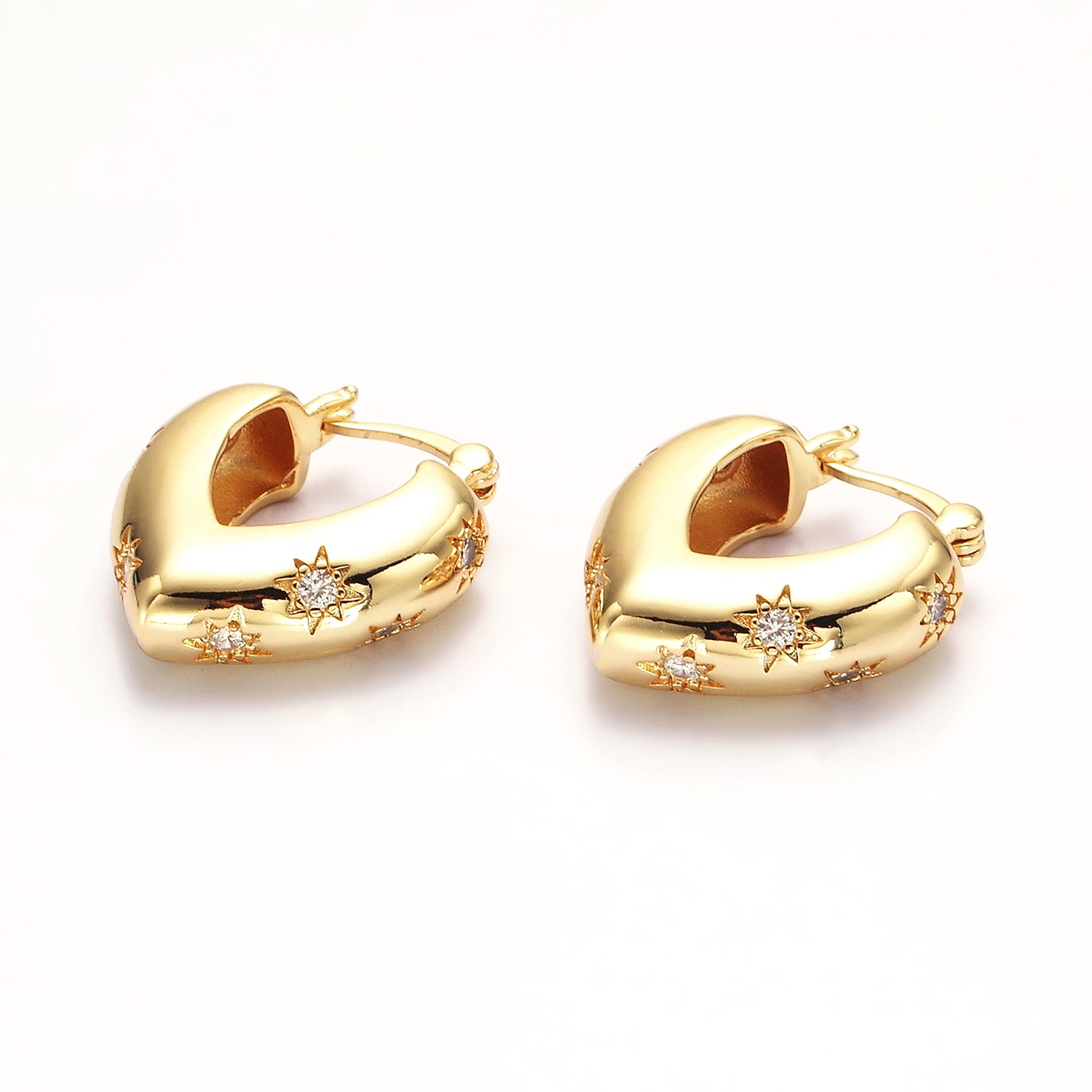 Gold Triangle V-Shaped Dome Celestial Stars CZ French Lock Latch Hoop Earrings