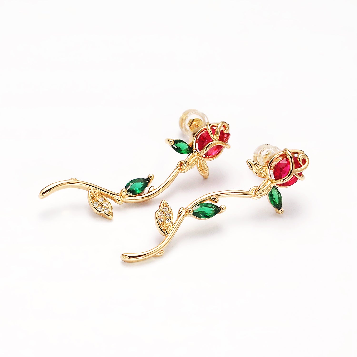 Gold Red, Pink Rose Flower Green Marquise CZ Gold Stud Earrings