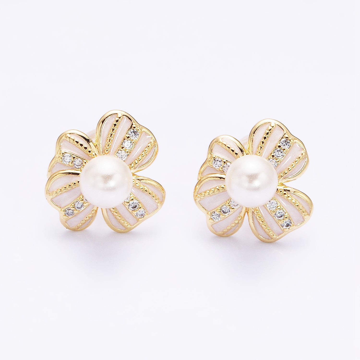 Gold Pearl Ribbon Flower White Enamel Micro Paved CZ Stud Earrings in Gold & Silver ✦ EA-21AE844 EA-21AE845