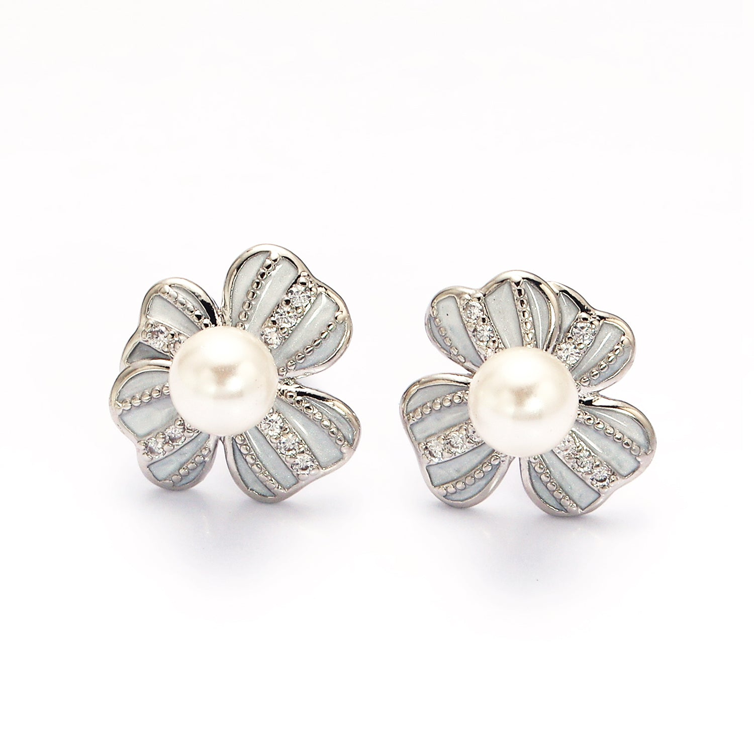 Gold Pearl Ribbon Flower White Enamel Micro Paved CZ Stud Earrings in Gold & Silver ✦ EA-21AE844 EA-21AE845
