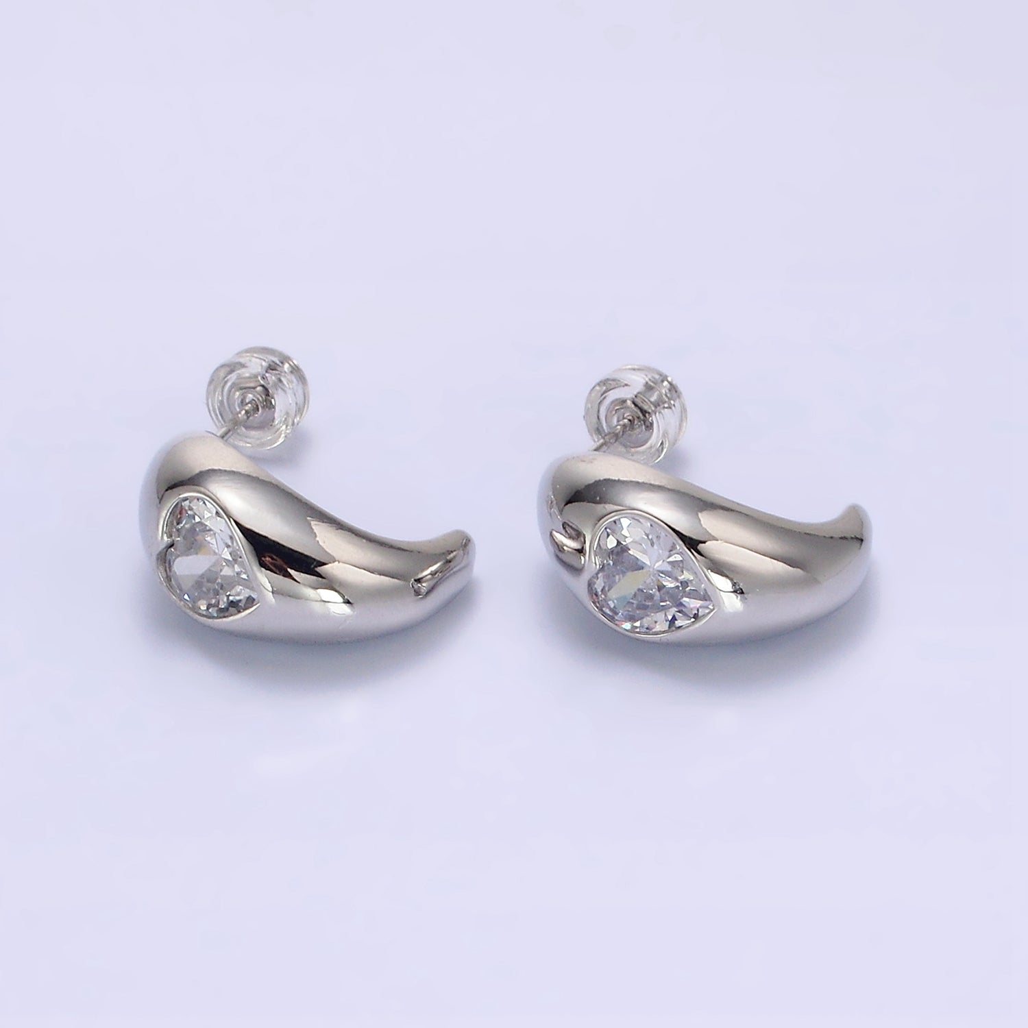 Gold Clear CZ Heart Chubby C-Shaped Hoop Earrings in Gold & Silver