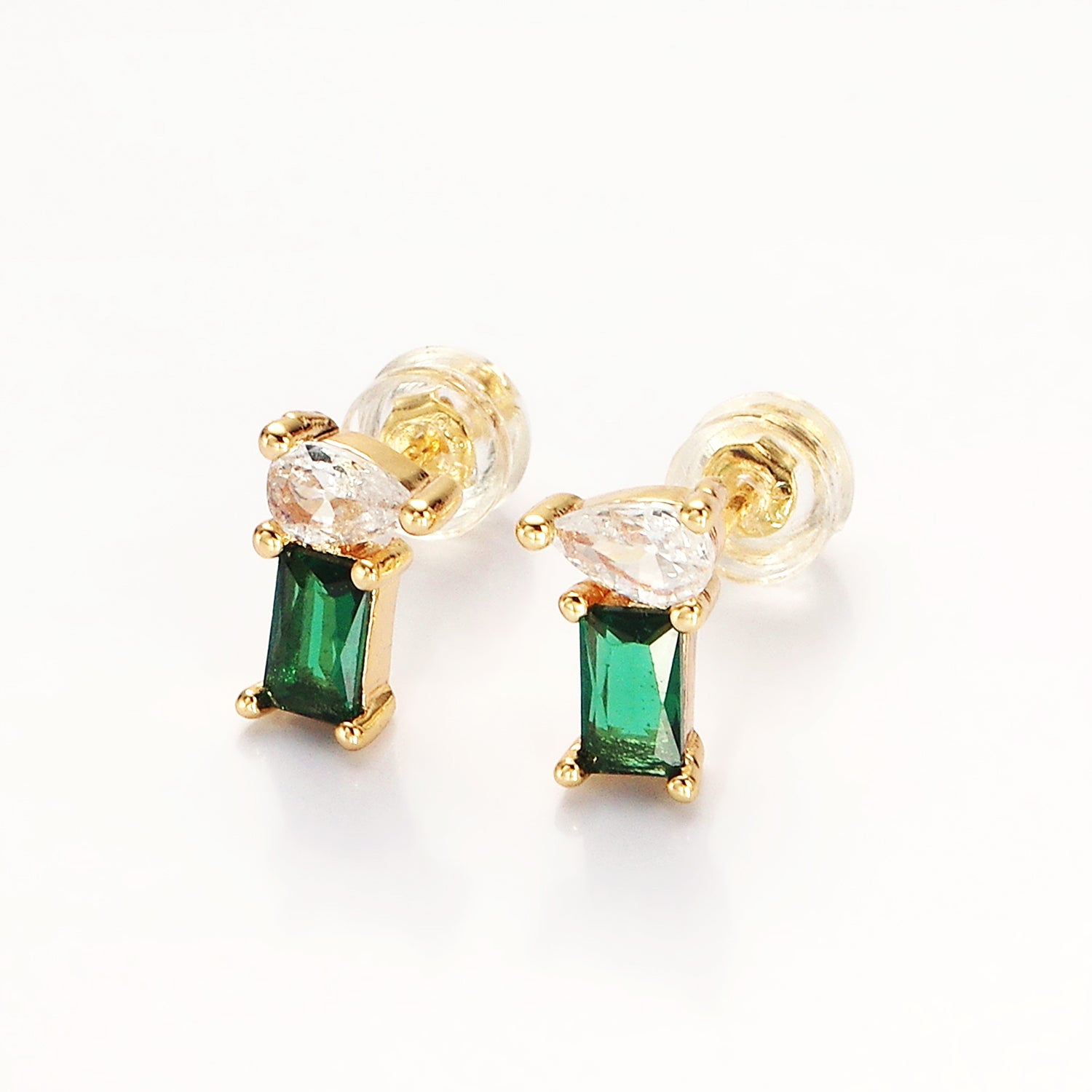 Gold Green Baguette Clear Teardrop Stud Earrings  ✦ EA-21AE990