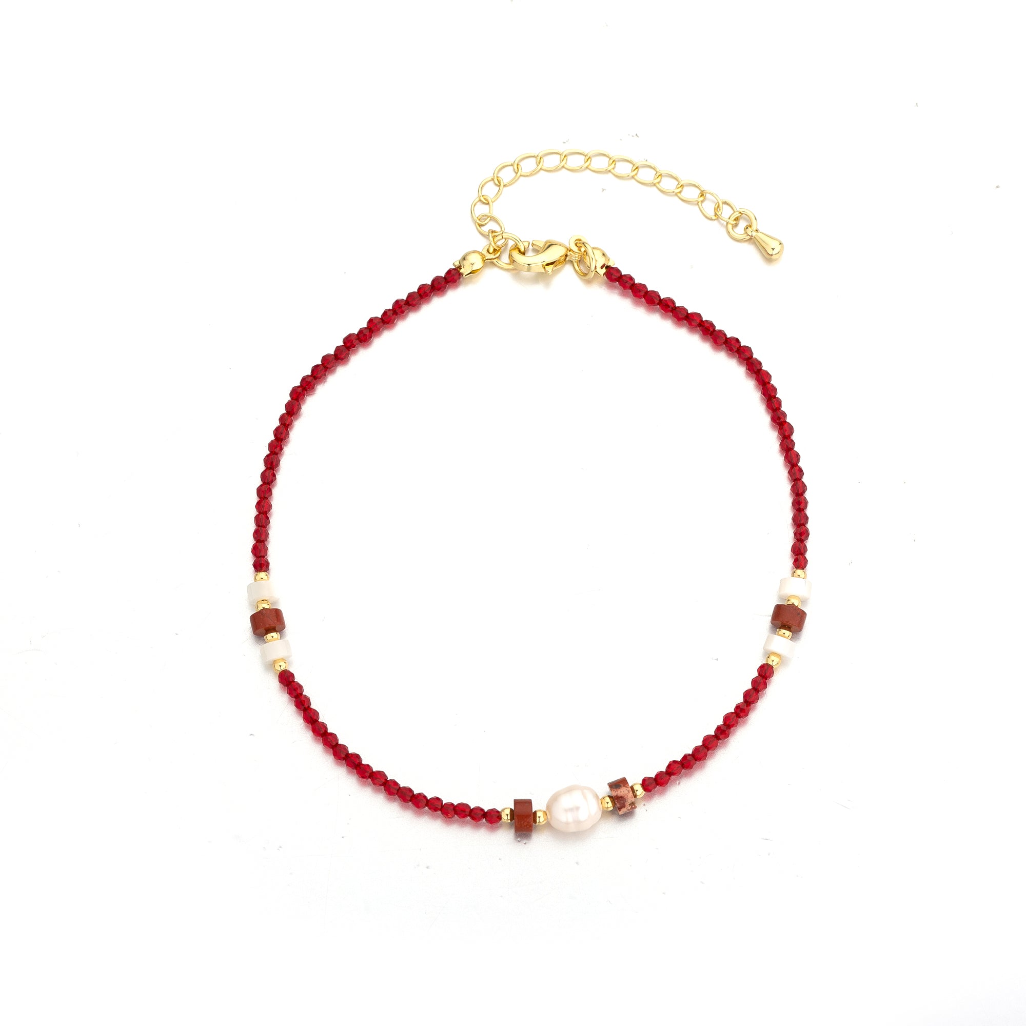 Dainty Gold Red Beaded with Pearl AN-0023