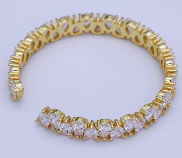 24K Gold Filled Clear CZ Teardrop Reverse Tennis Cuff Bracelet ✦ BR-21WA3139