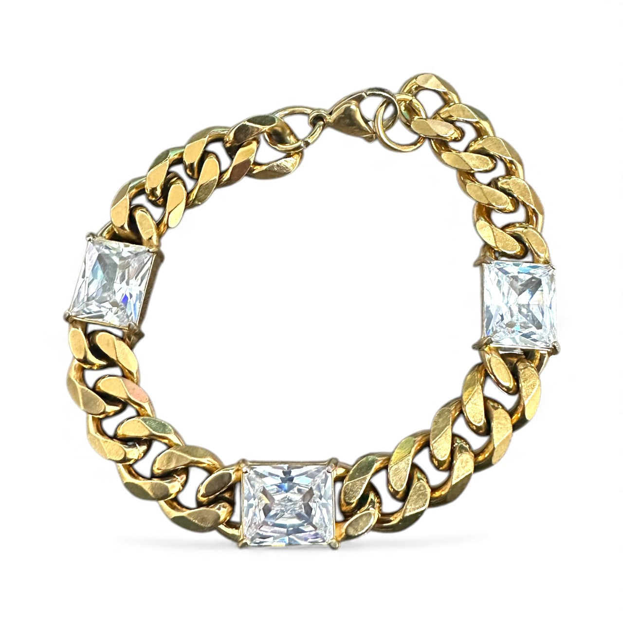 Chunky chain gold bracelet 3 rectangle cz diamonds BR-2022