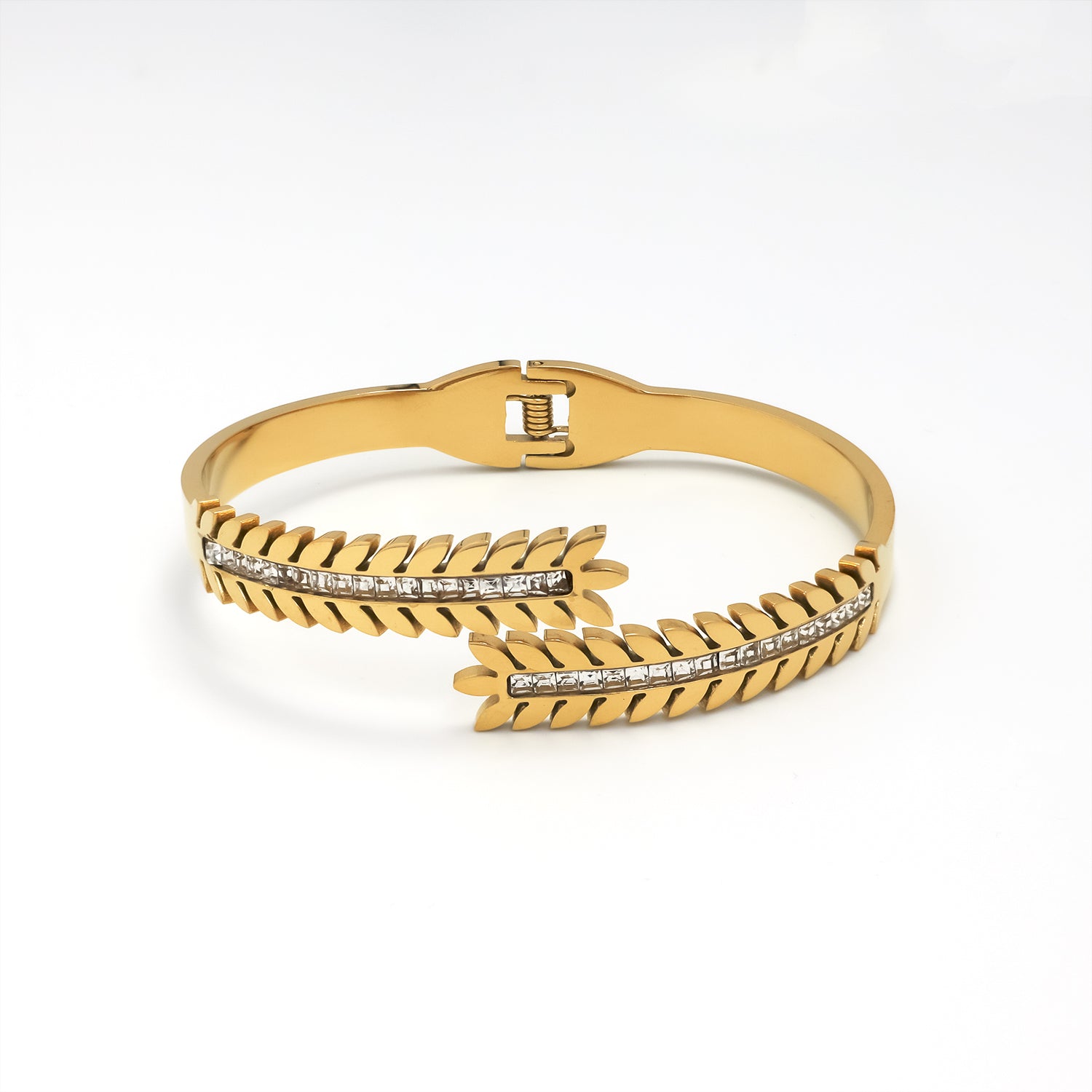 Gold Classic Stainless Steel CZ Leaf Bangle ✦ BR-0002