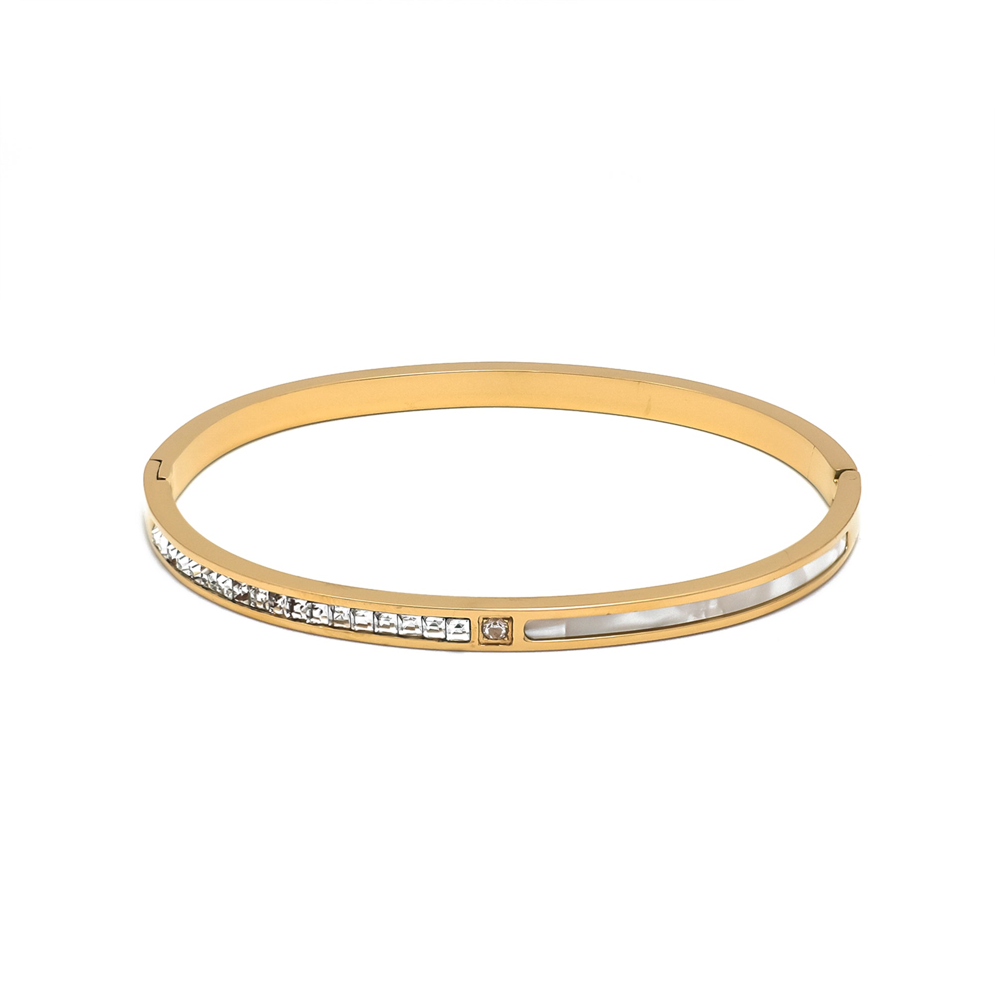 Gold or Silver Classic Stainless Steel CZ Pearl Bangle ✦ BR-0023 BR-0024