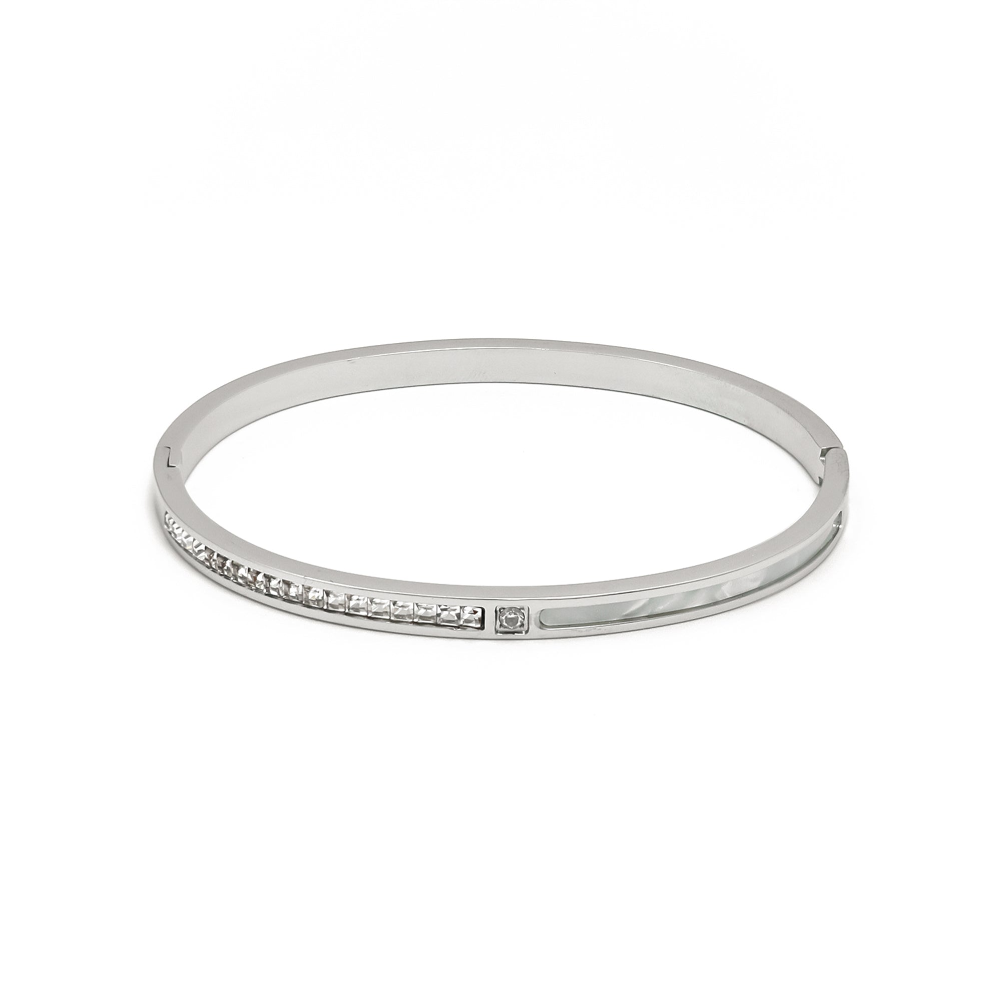 Gold or Silver Classic Stainless Steel CZ Pearl Bangle ✦ BR-0023 BR-0024