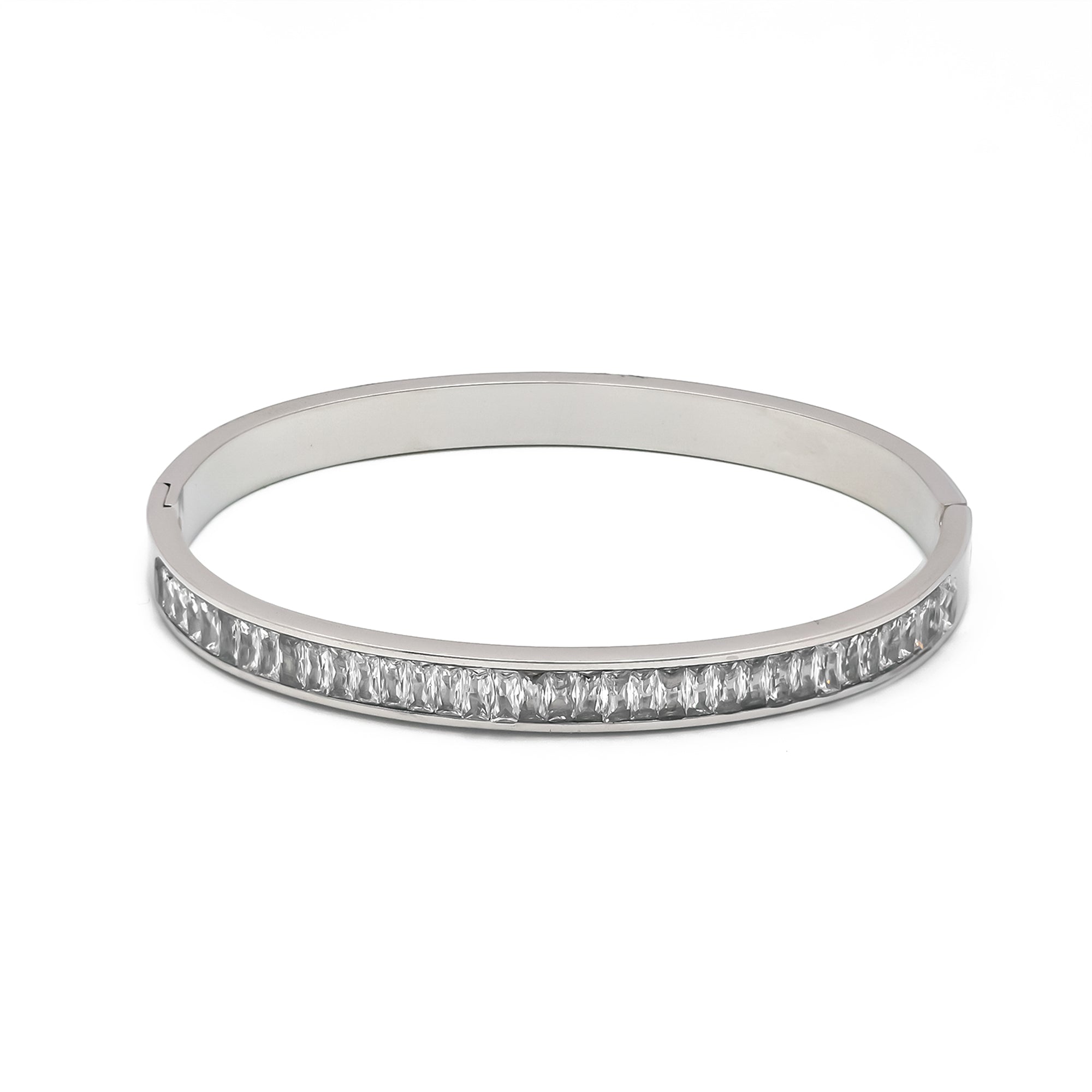 Gold or Silver Classic Stainless Steel CZ Baguette Bangle ✦ BR-0027 BR-0028