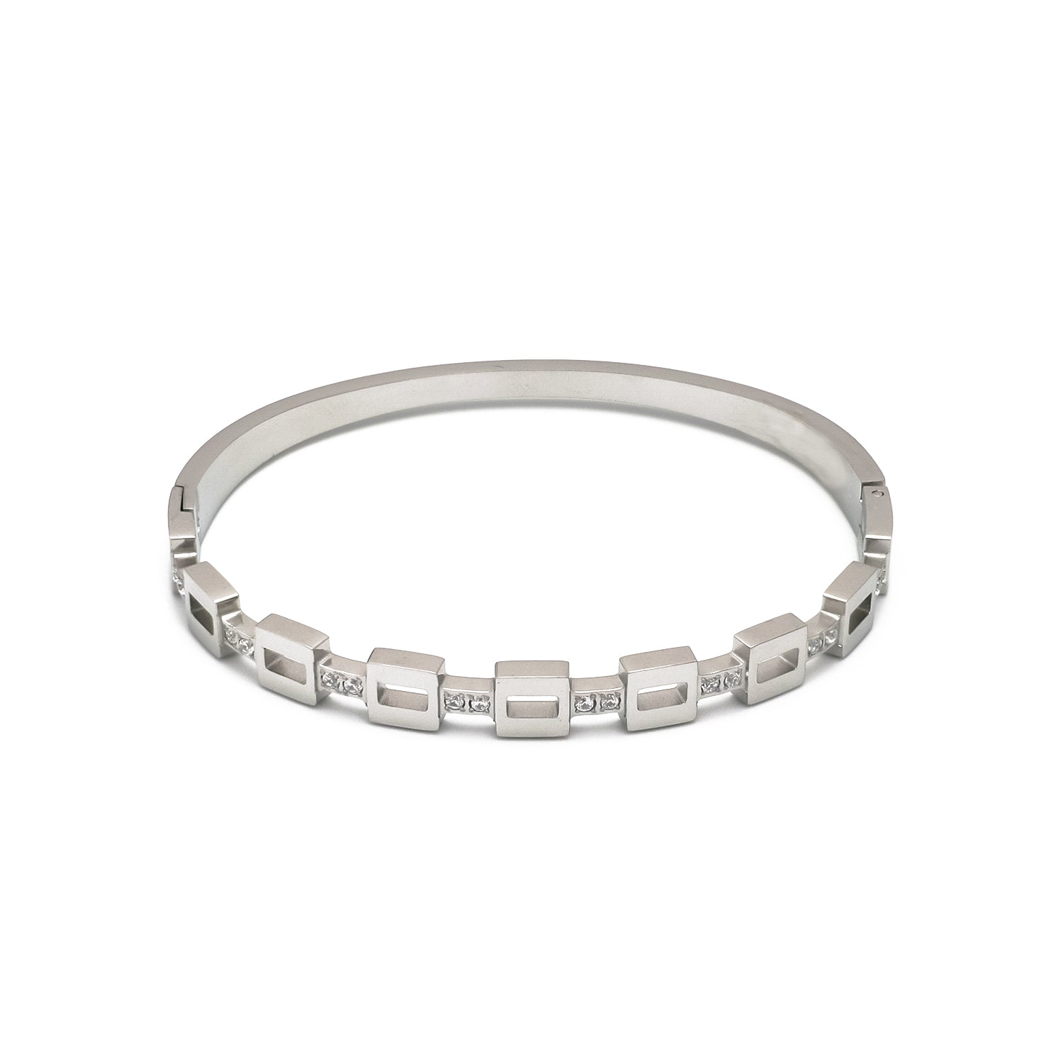 Silver Geometric Stainless Steel CZ Statement Bangle ✦ BR-0029