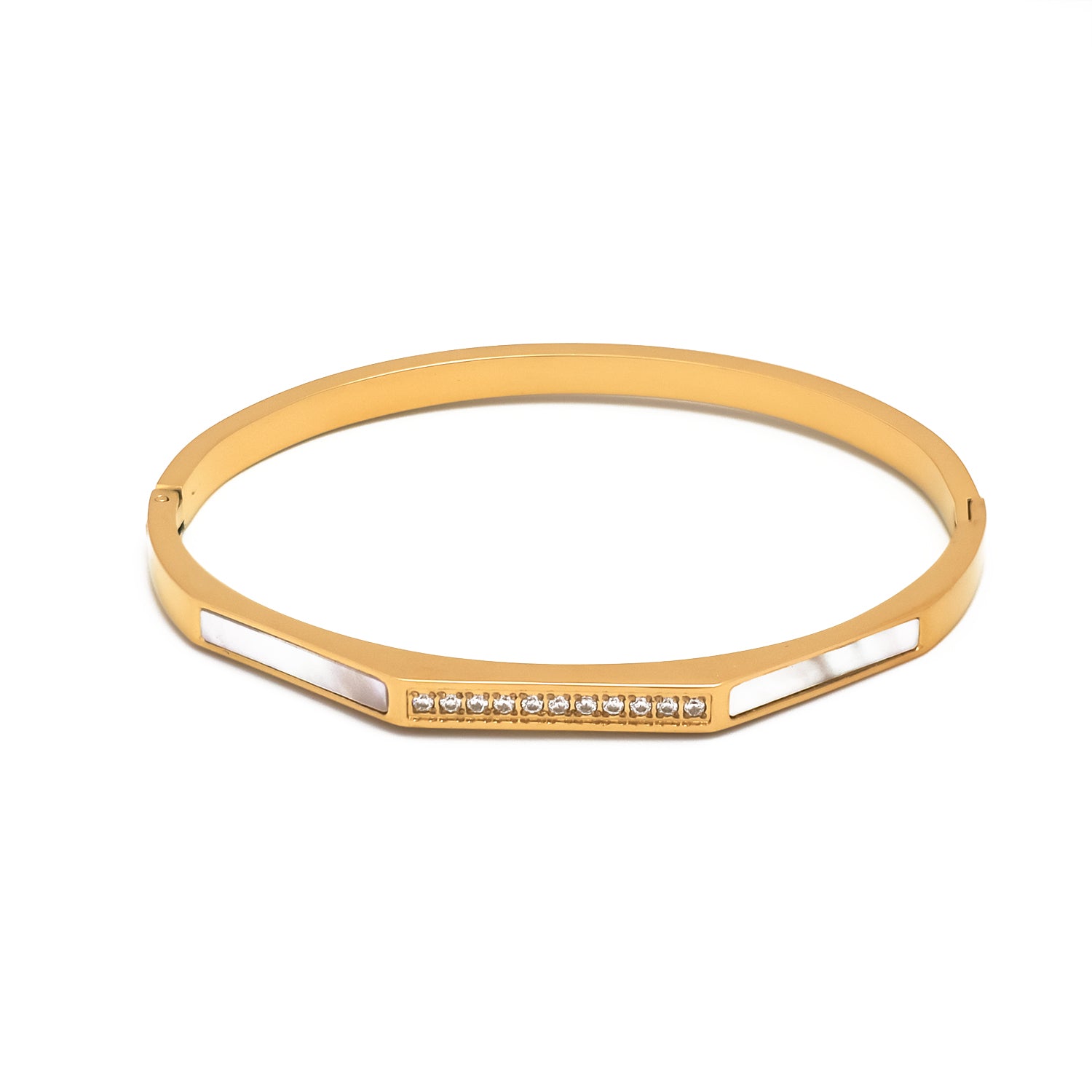 Gold Minimalist Stainless Steel CZ Pearl Bangle ✦ BR-0035