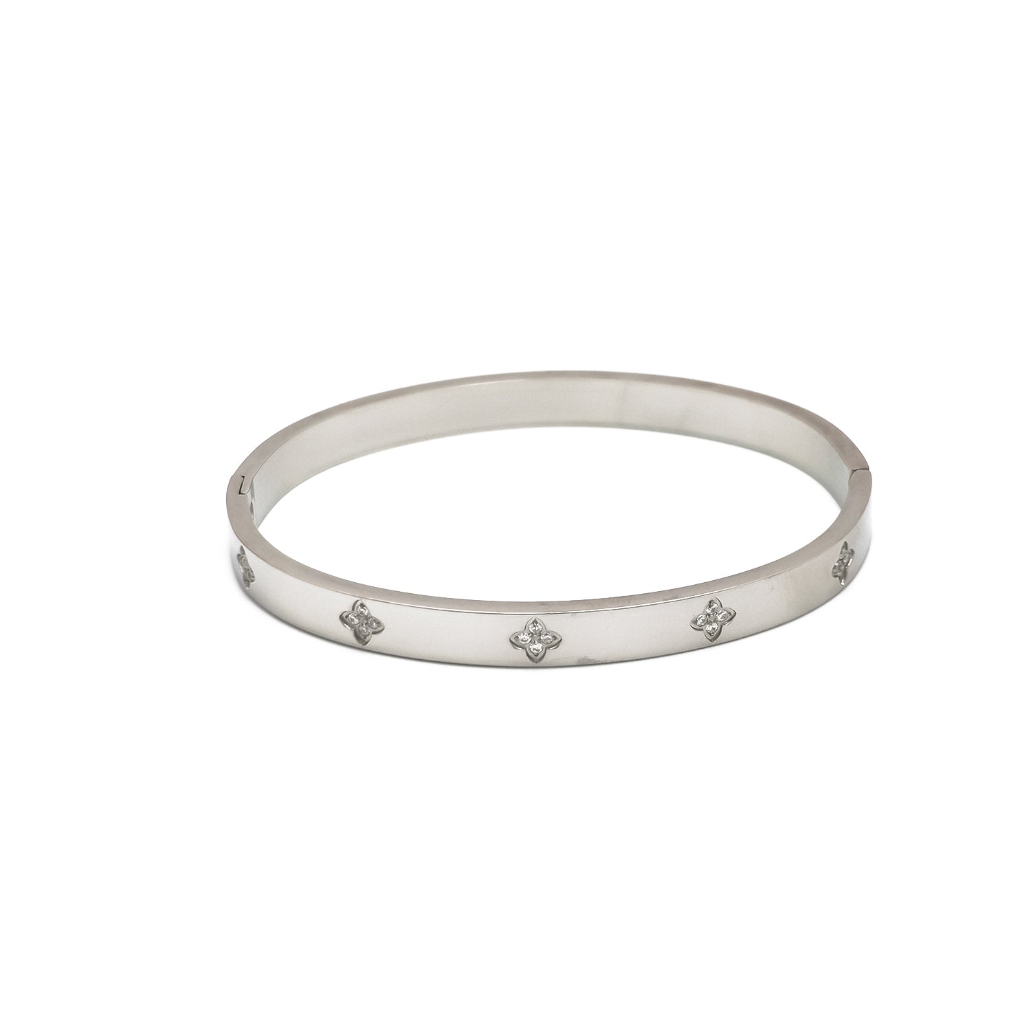 Gold or Silver Classic Stainless Steel CZ Flower Bangle ✦ BR-0039 BR-0040