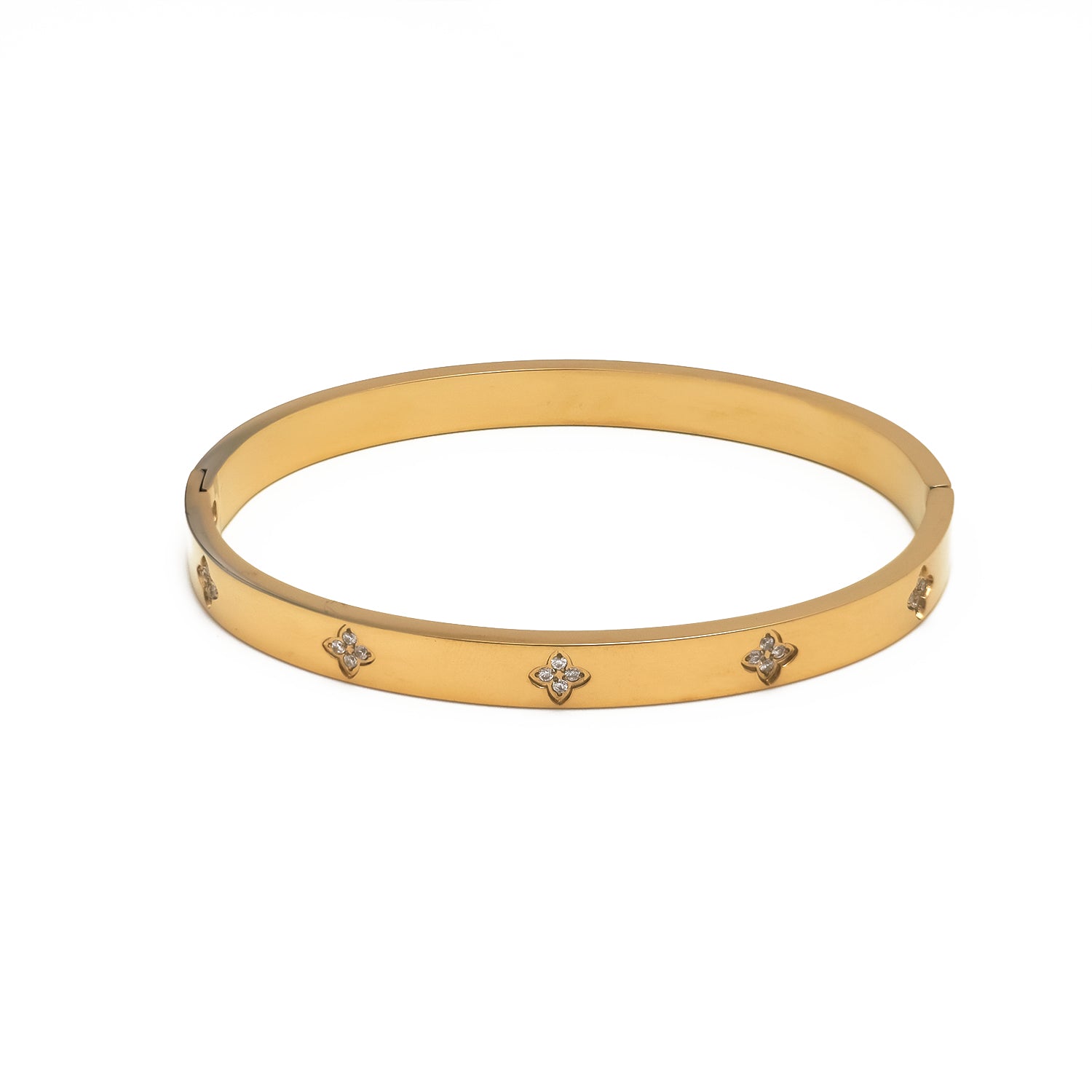 Gold or Silver Classic Stainless Steel CZ Flower Bangle ✦ BR-0039 BR-0040