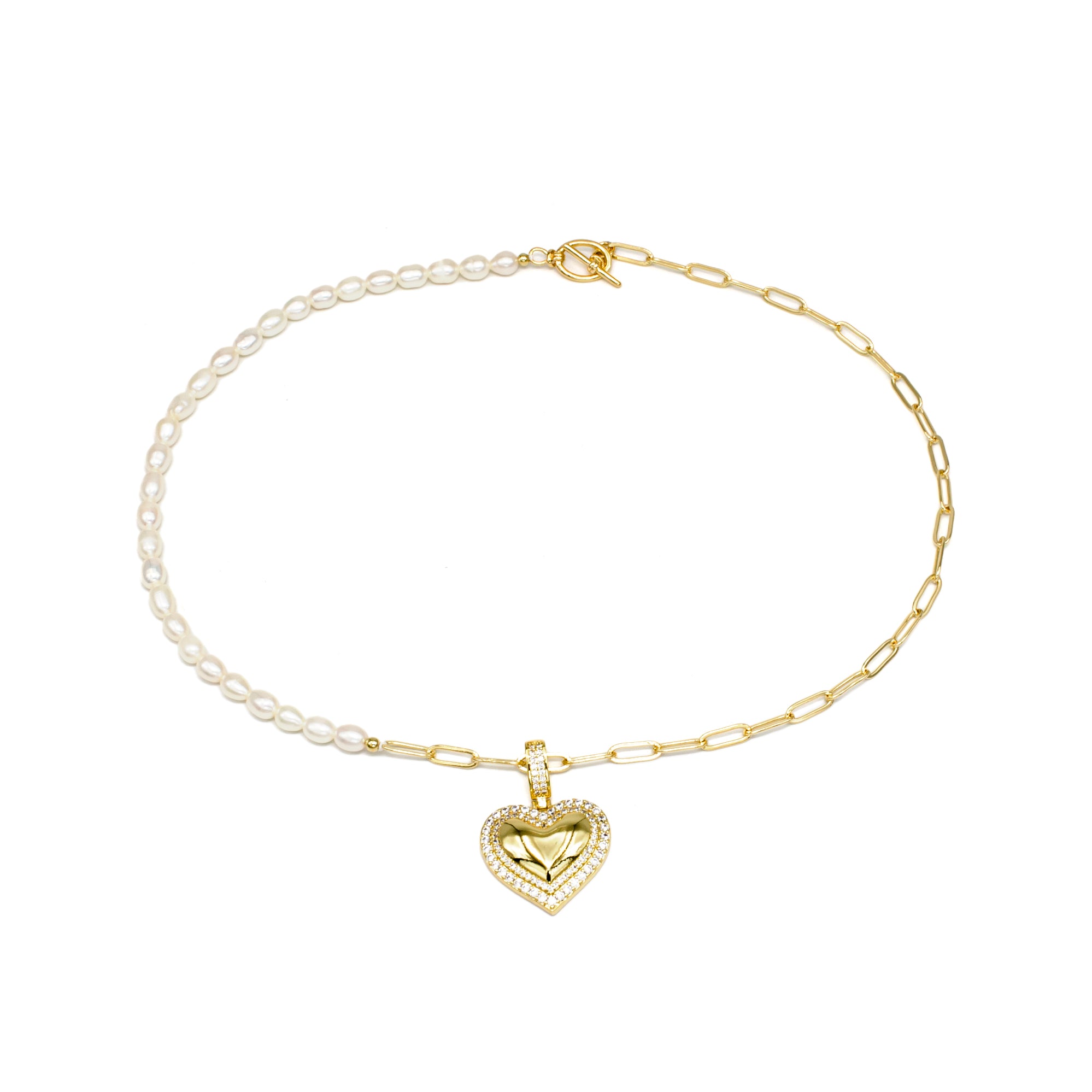 Handmade Dainty Pearl Chain Mix Metal Paper Clip Necklace with Heart NC-SJ0275