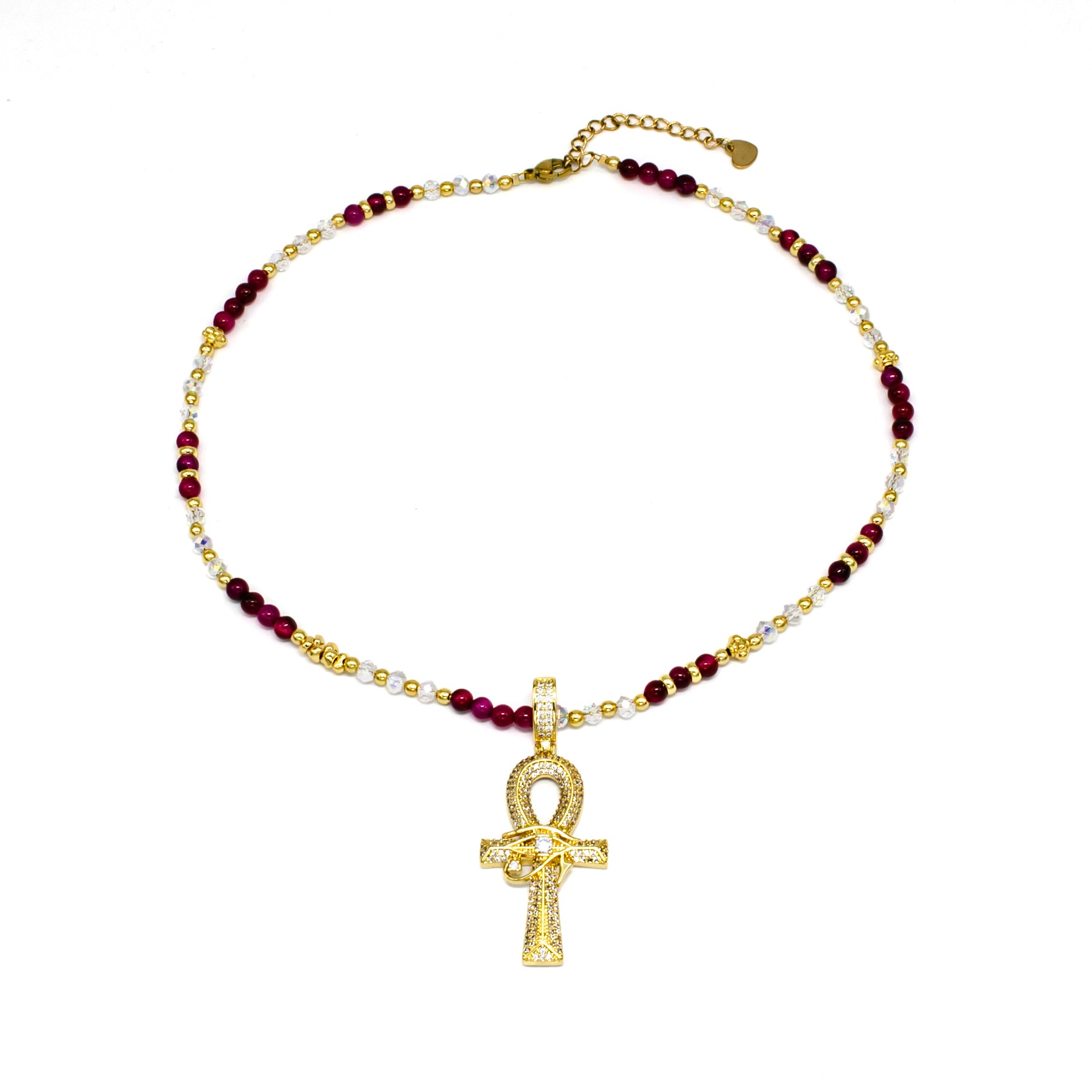 Handmade Gold Beaded Chain Necklace with Ankh Cross Pendant ✦ NC-SJ0276