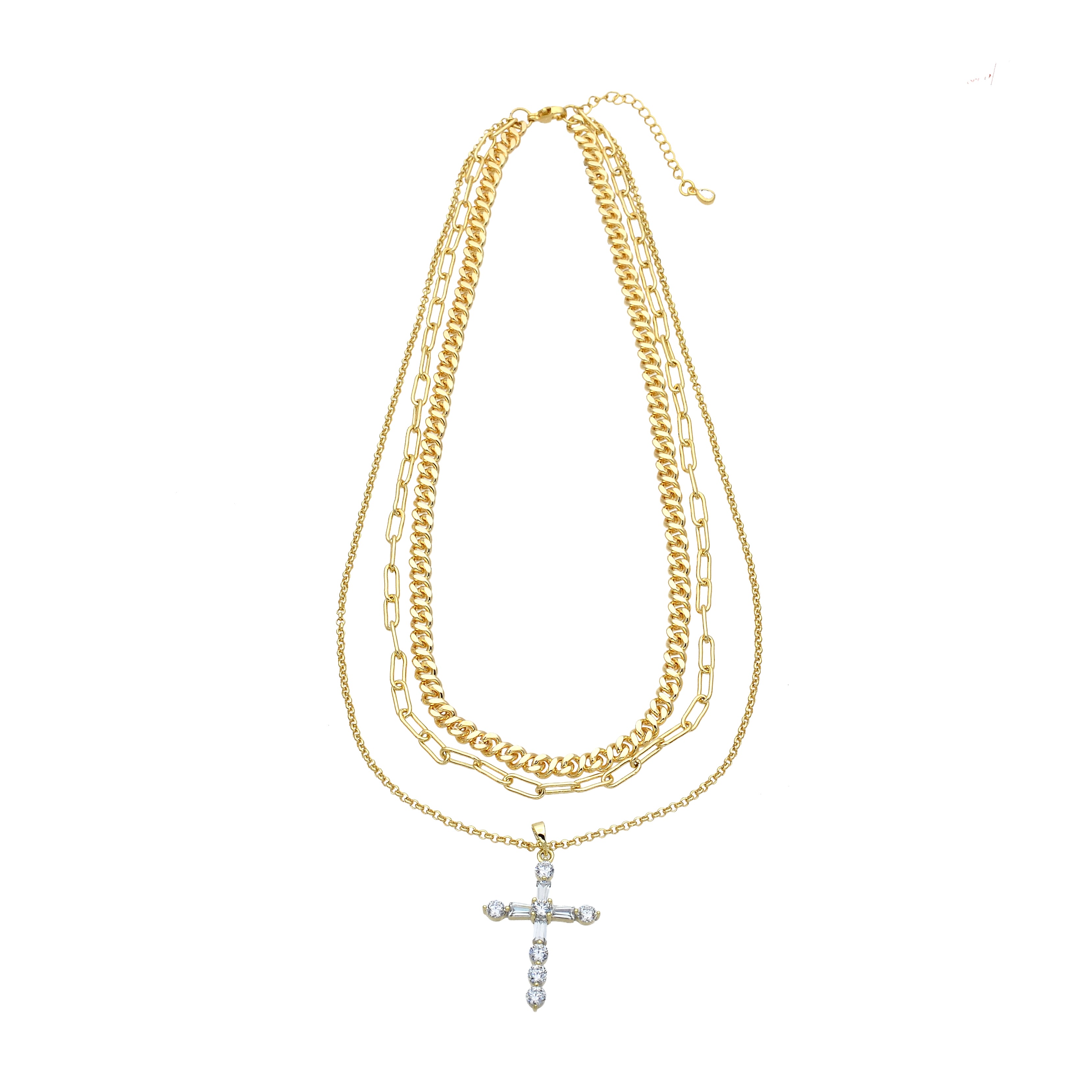 Triple Layer Gold Chain Necklace with Cross Pendant CDESIGN-00364