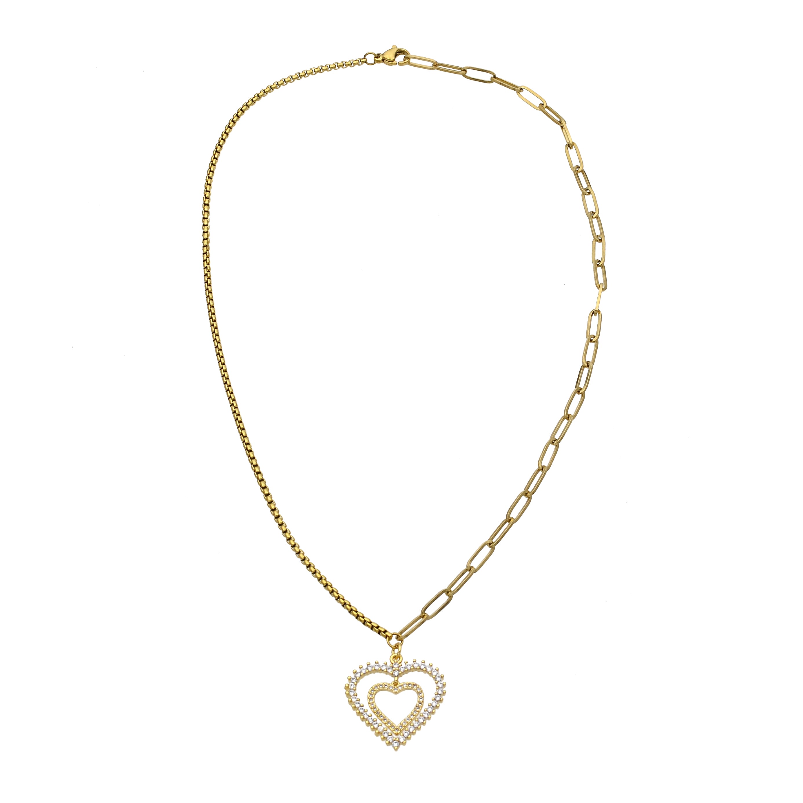 Mix Paper Clip Gold Chain Necklace with Open Heart Charm CDESIGN-00367