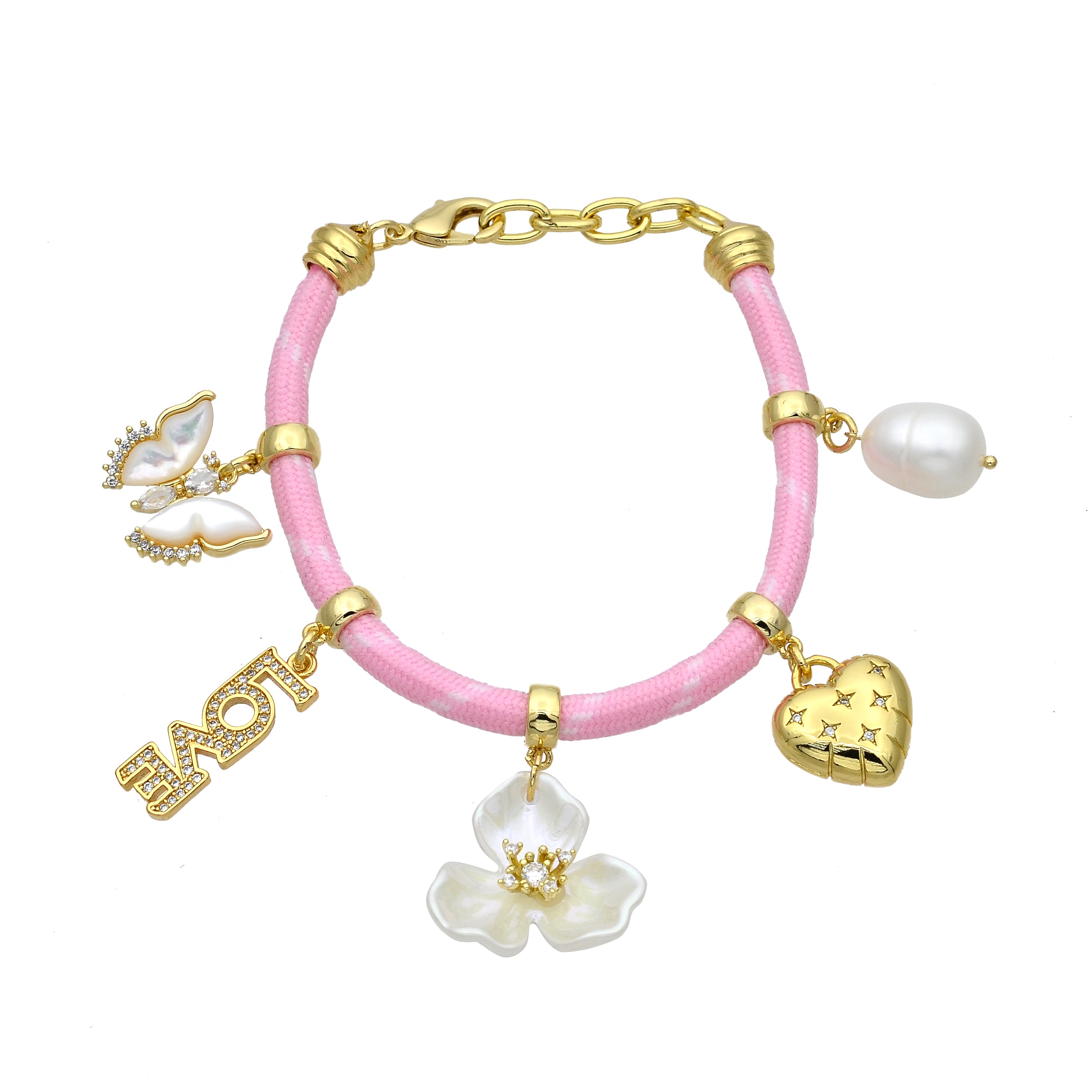Pink Cord Bracelet with Heart Pearl Flower Butterfly Charm CDESIGN-00370