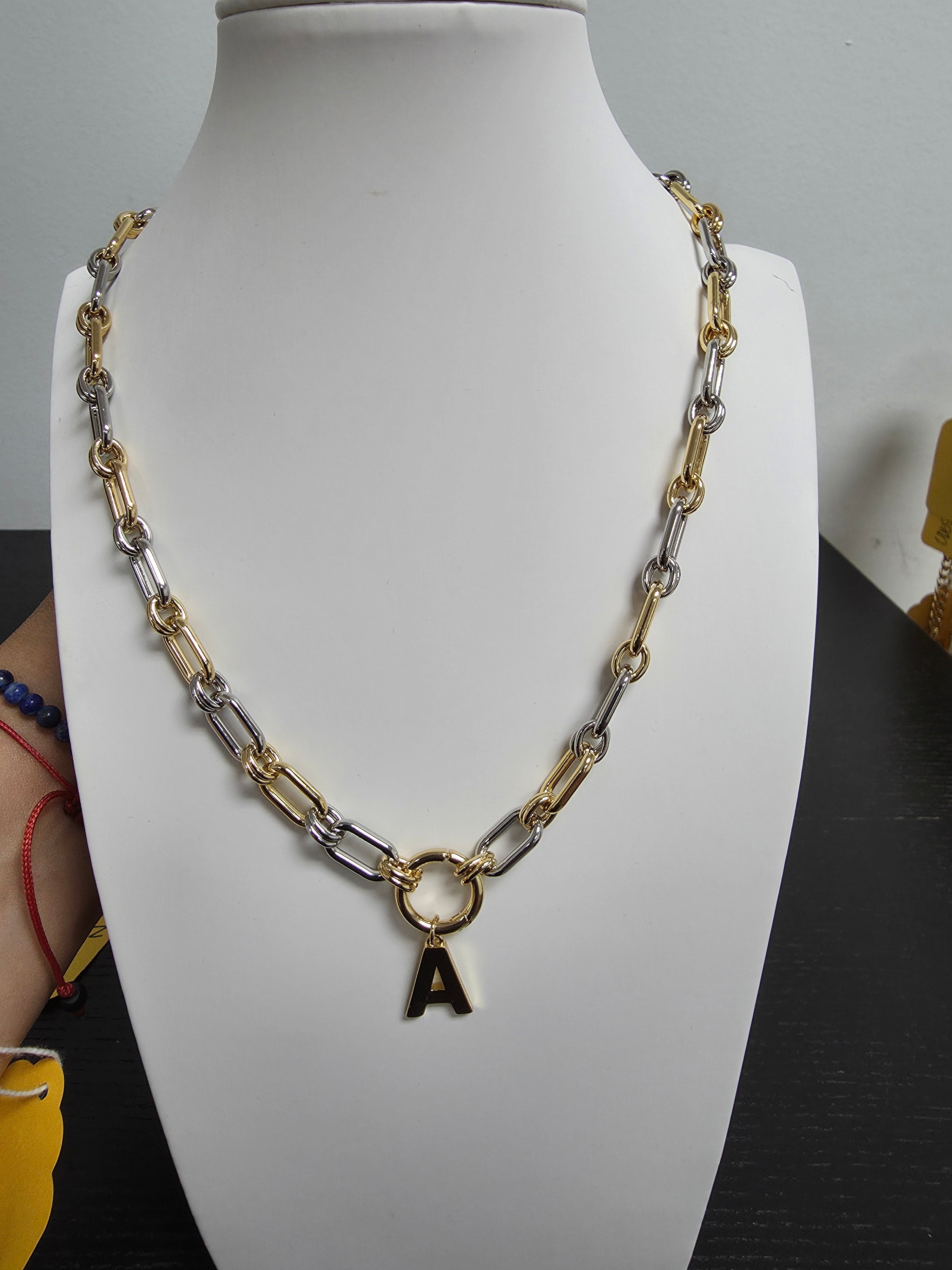 Mix Metal Gold Chain Paper Clip Necklace 18 inch with Initial Charm CDESIGN-00378