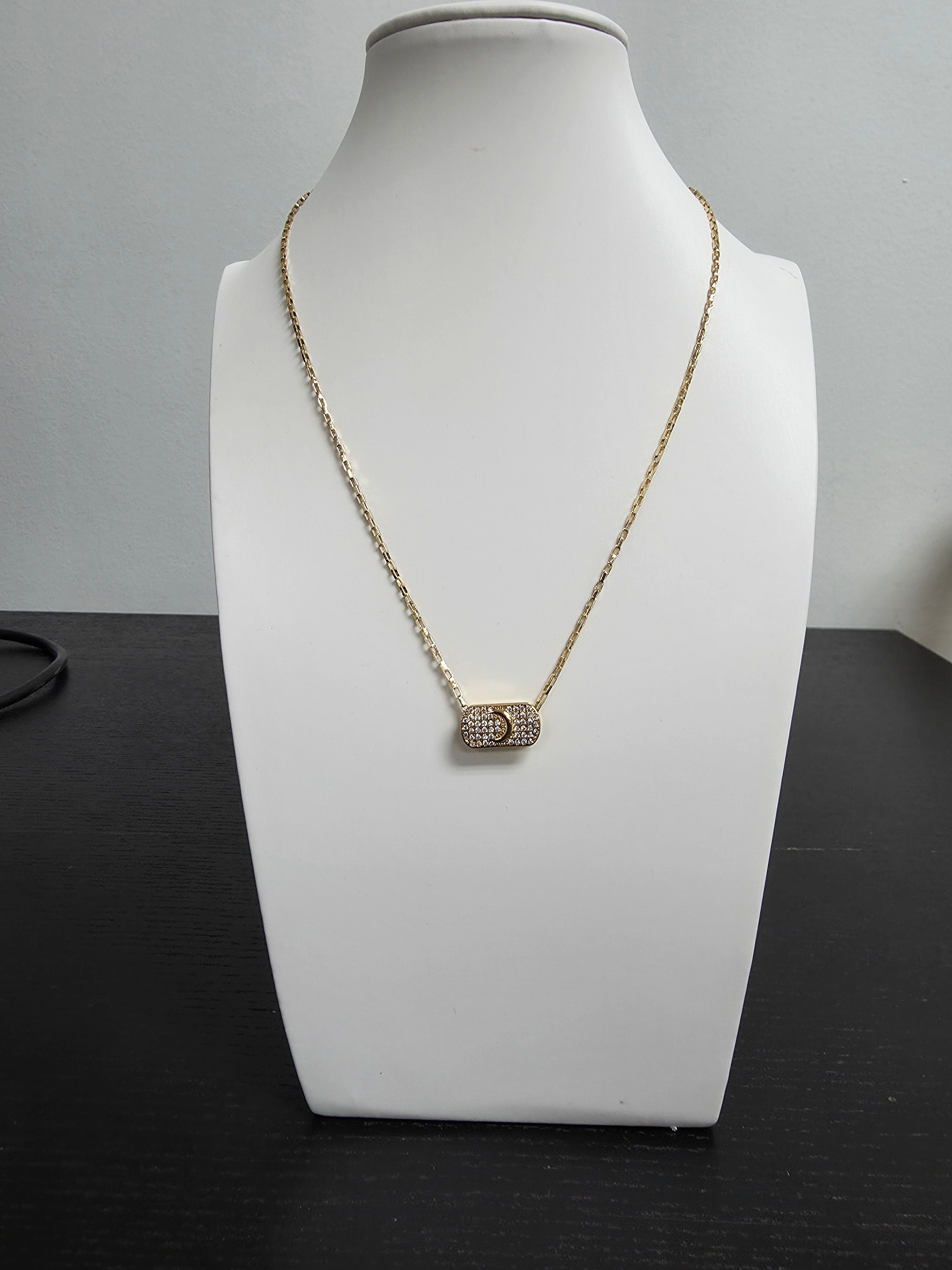 Dainty Box Gold Chain Necklace 18 inch with CZ Moon Charm CDESIGN-00383