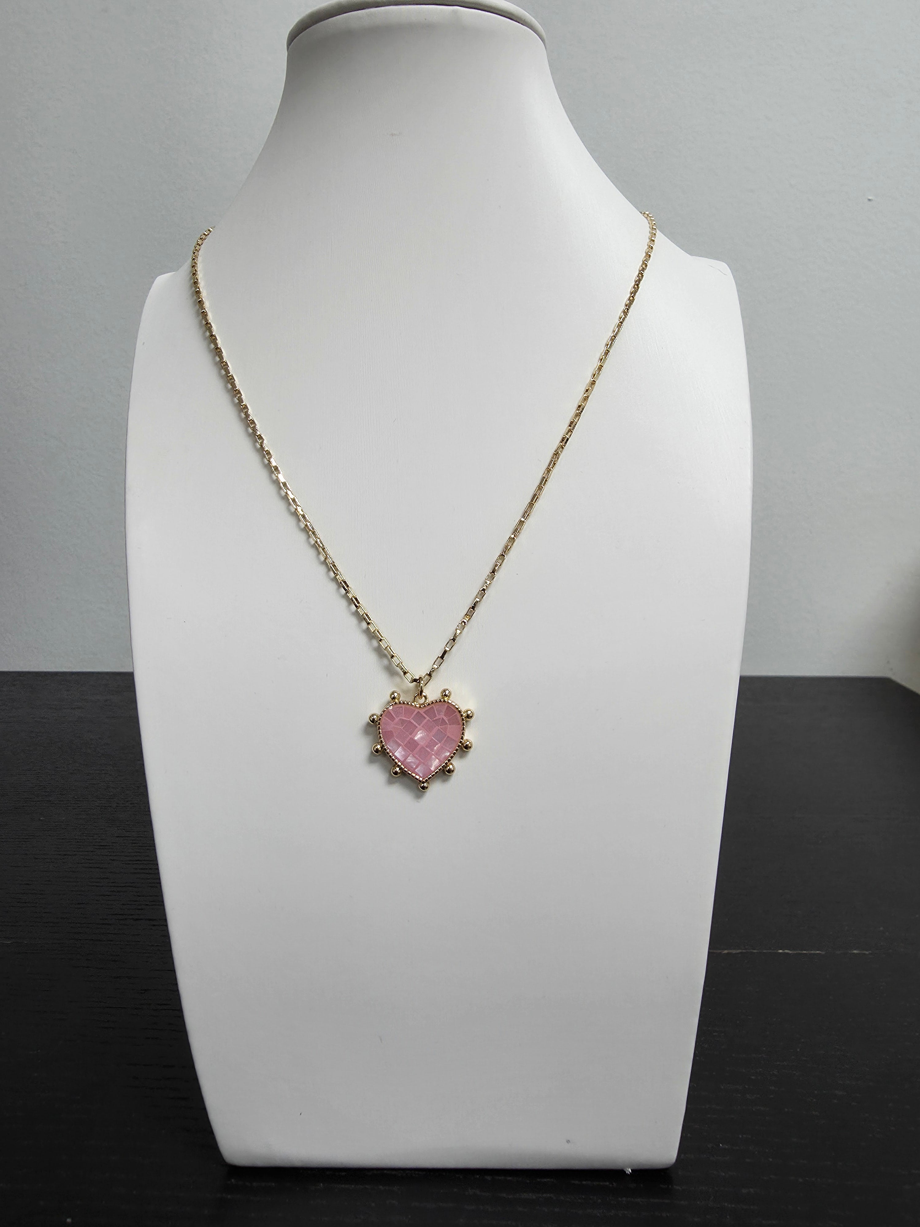 Dainty Box Gold Chain Necklace Pink Heart Charm 18 inch CDESIGN-00393