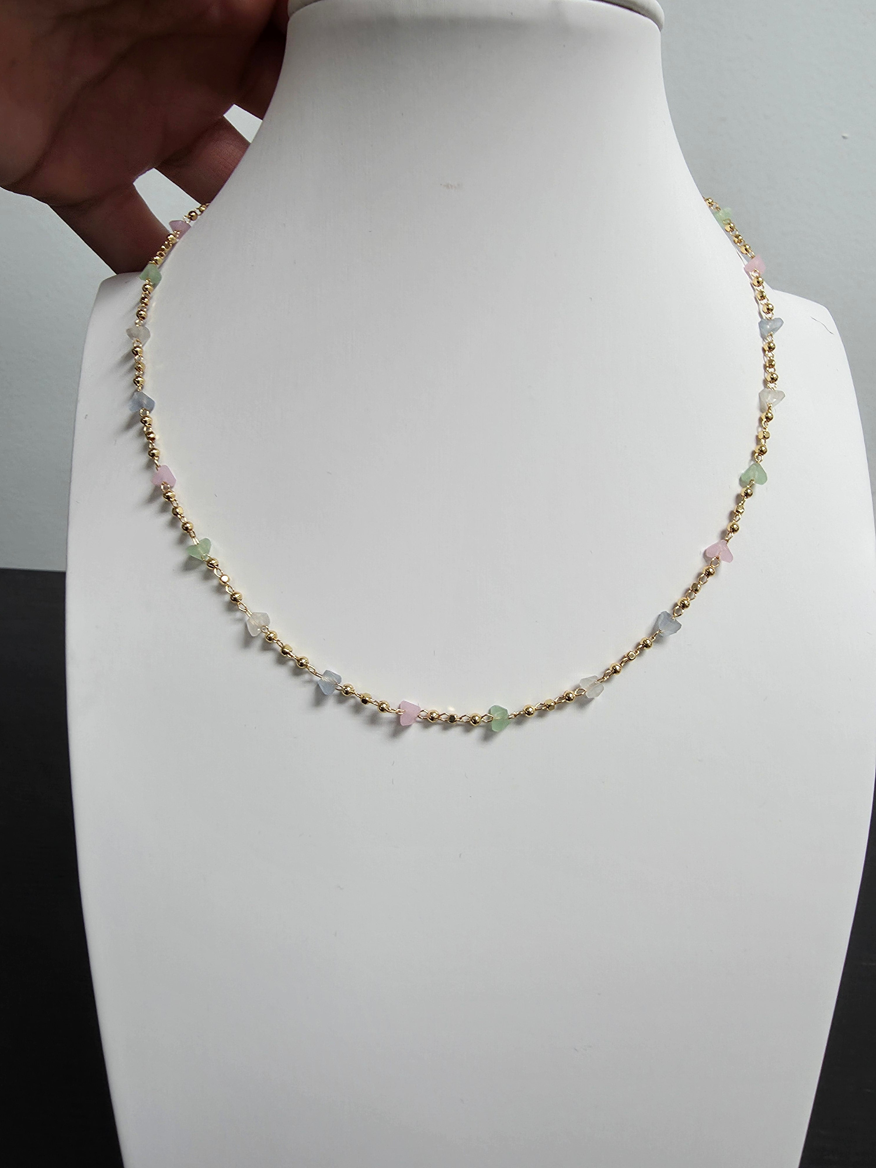 Cute Pastel Pink Heart Beaded Gold Chain Necklace 16 inch CDESIGN-00406