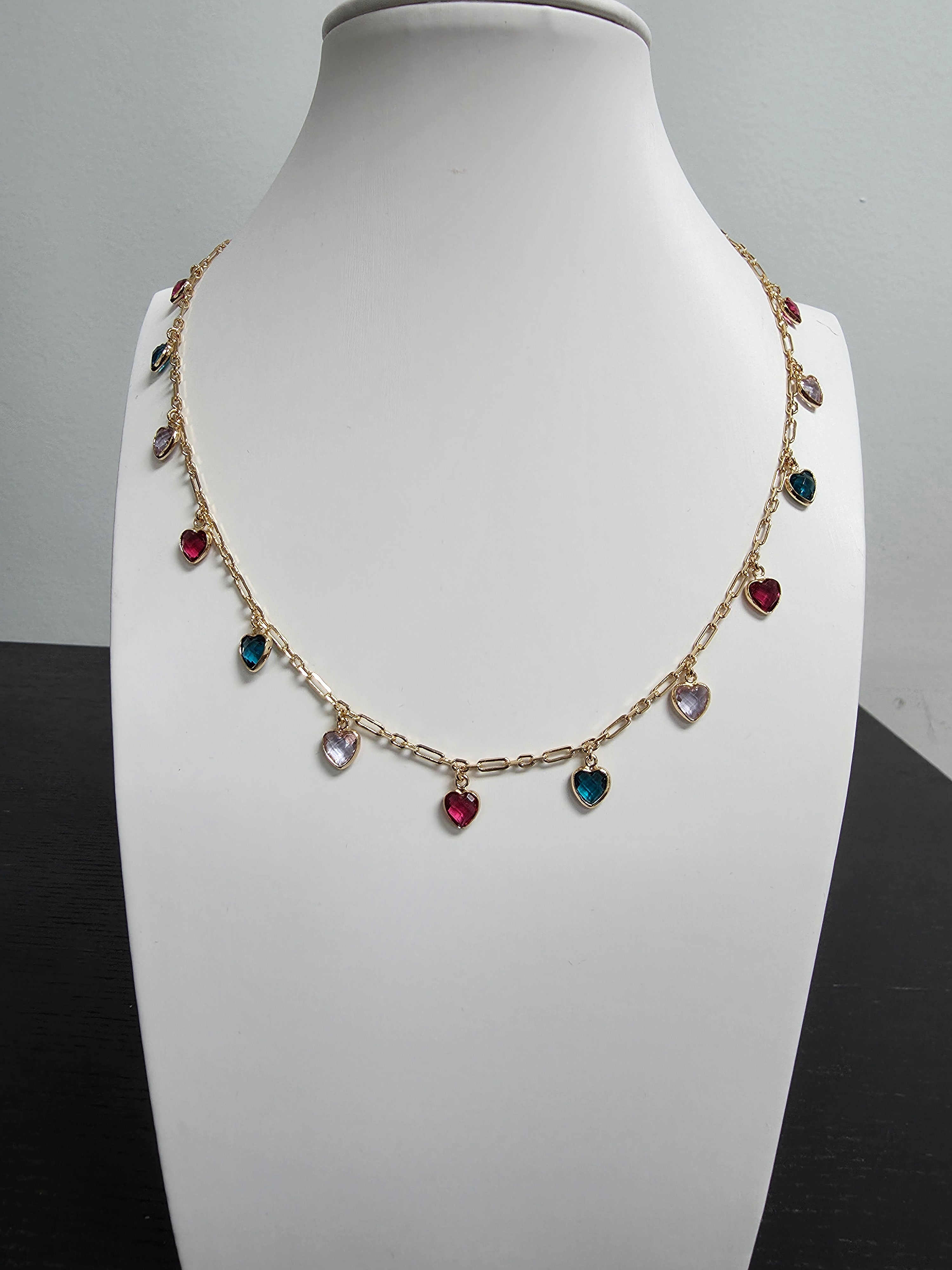 Multi Color Pink Heart CZ Gold Chain Necklace 17 inch CDESIGN-00407