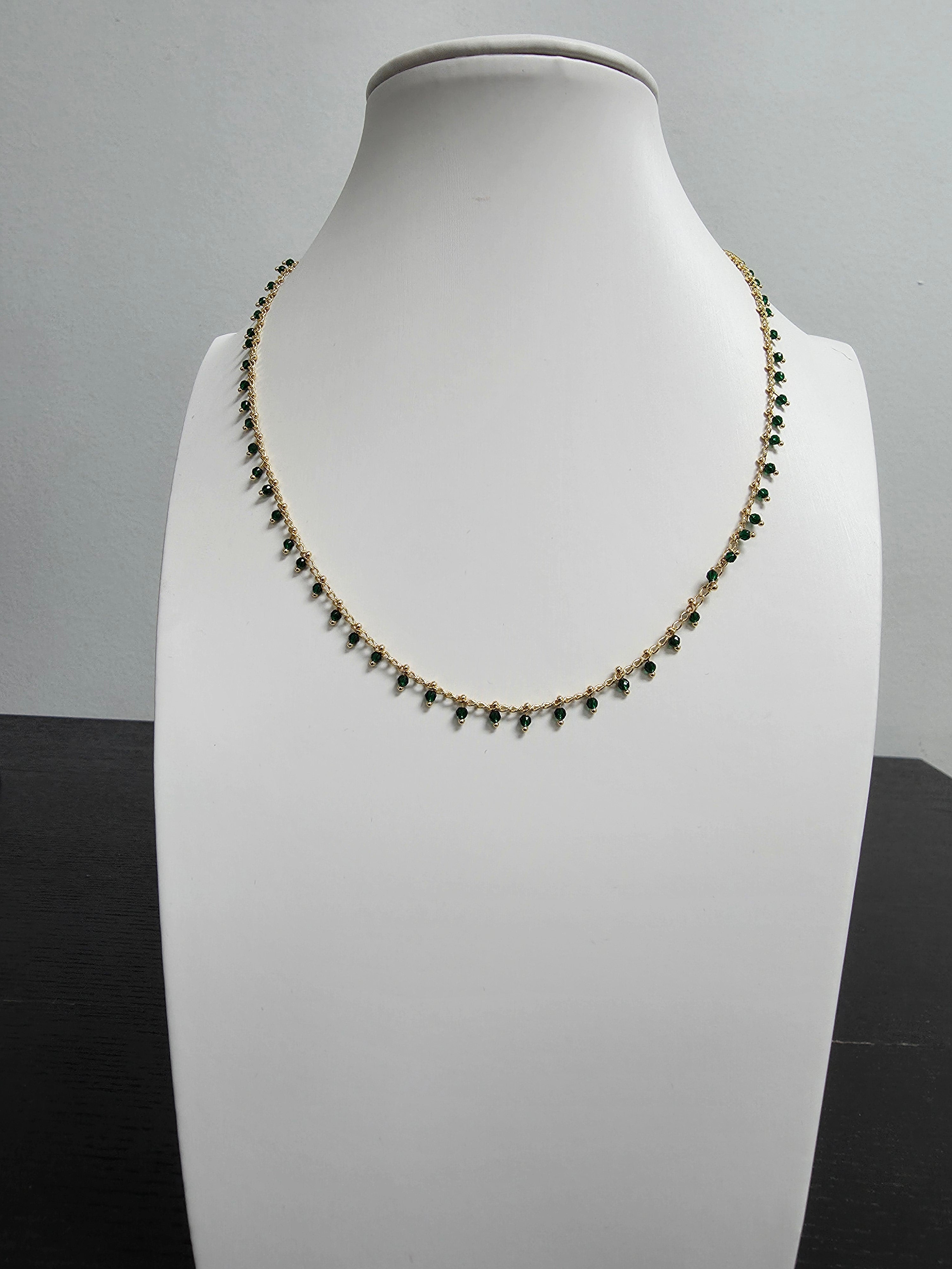 Dainty Dark Green CZ Drop Gold Chain Necklace 16 inch CDESIGN-00411