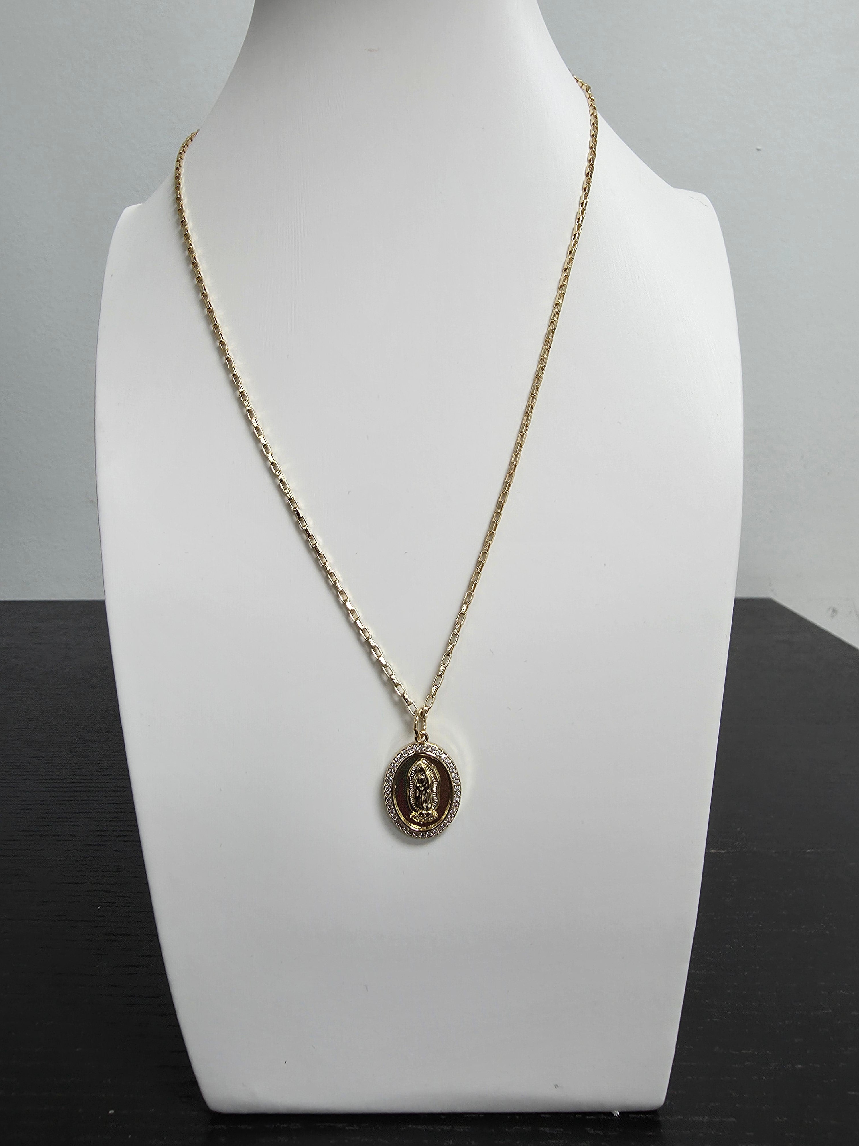 Dainty Religious Jewelry Box Gold Chain Necklace 18 inch with Lady Guadalupe Charm CDESIGN-00427