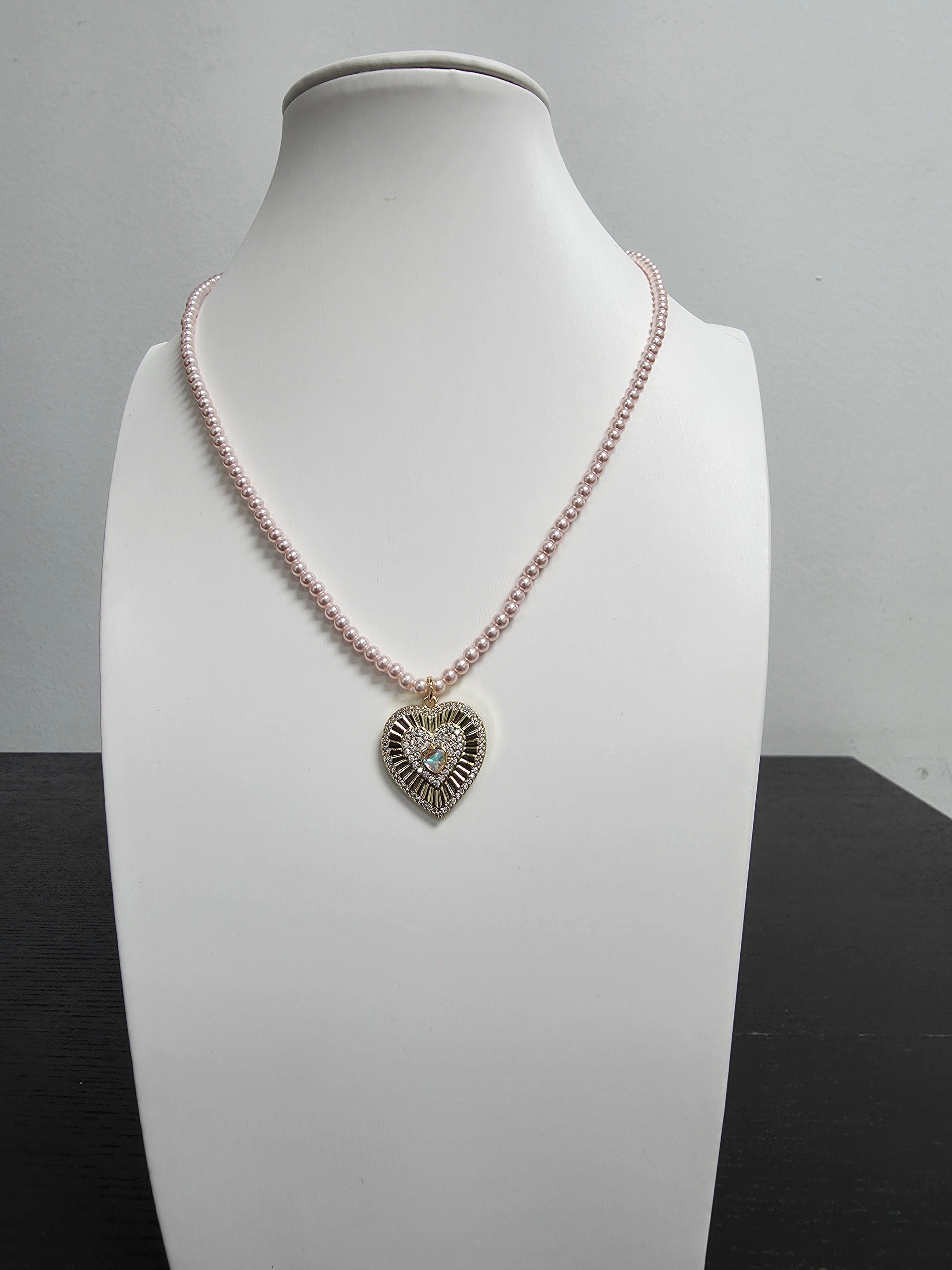 Pink Pearl Necklace 17 inch with Heart Pendant CDESIGN-00429