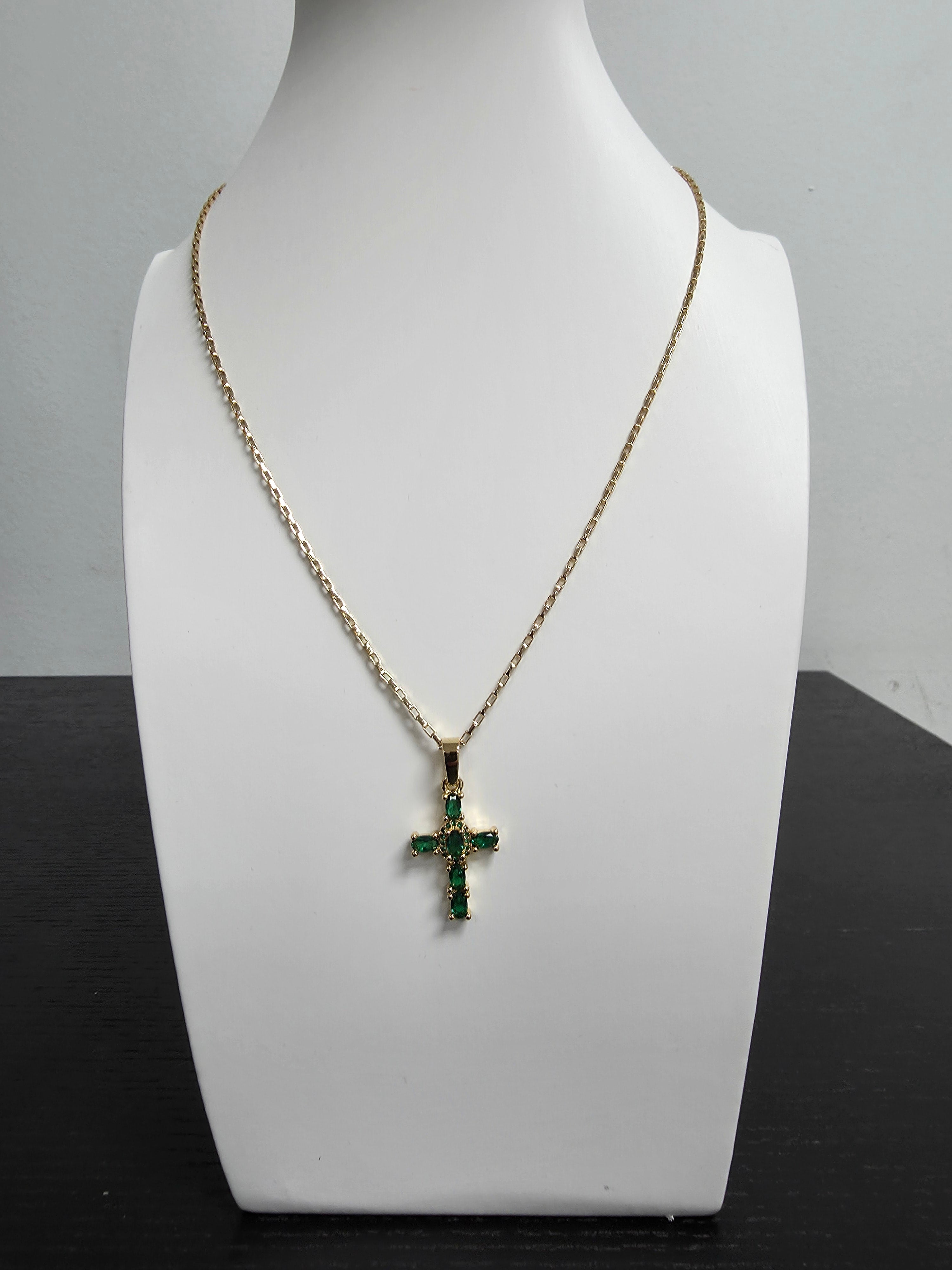 Dainty Box Gold Chain Necklace 18 inch with CZ Green Cross Charm CDESIGN-00431