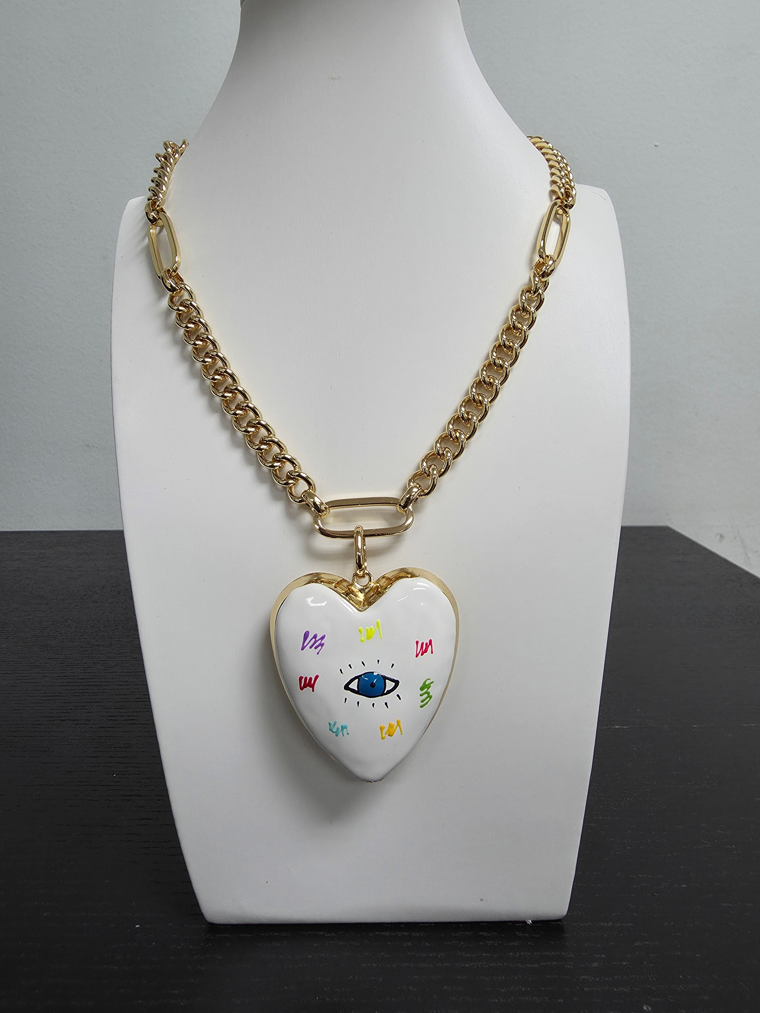 Thick Gold Necklace Evil Eye heart charm CDESIGN-00436