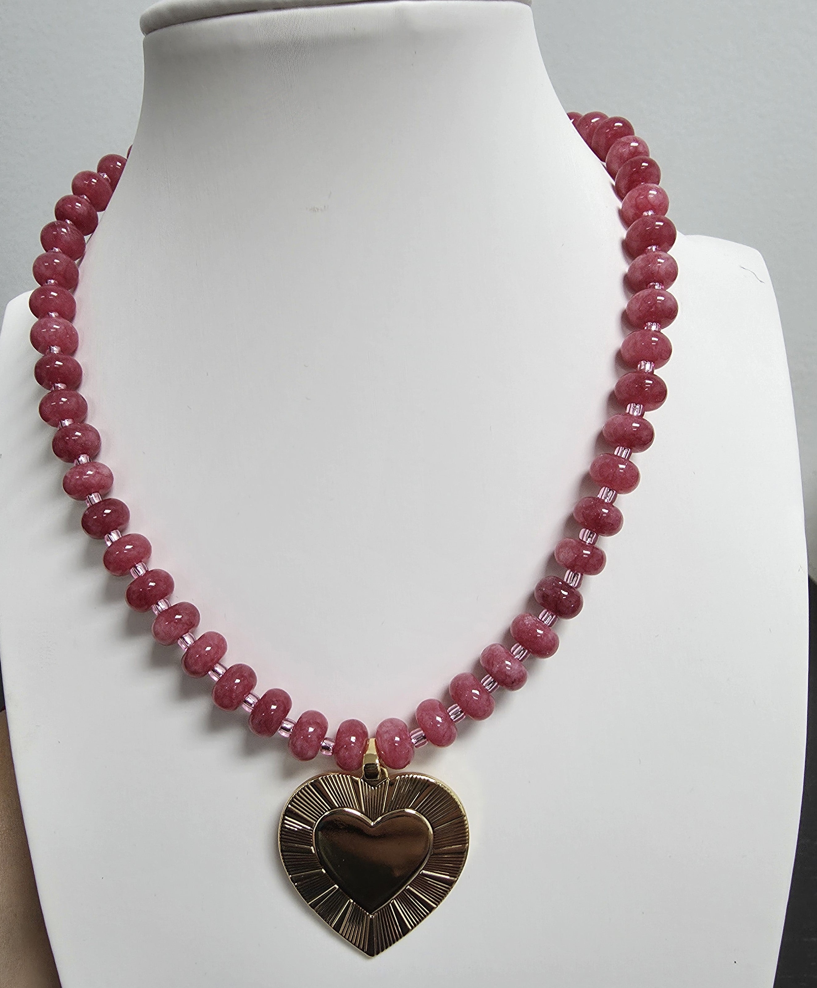 Pink Rose Quartz Beaded Necklace with Heart Pendant CDESIGN-00438