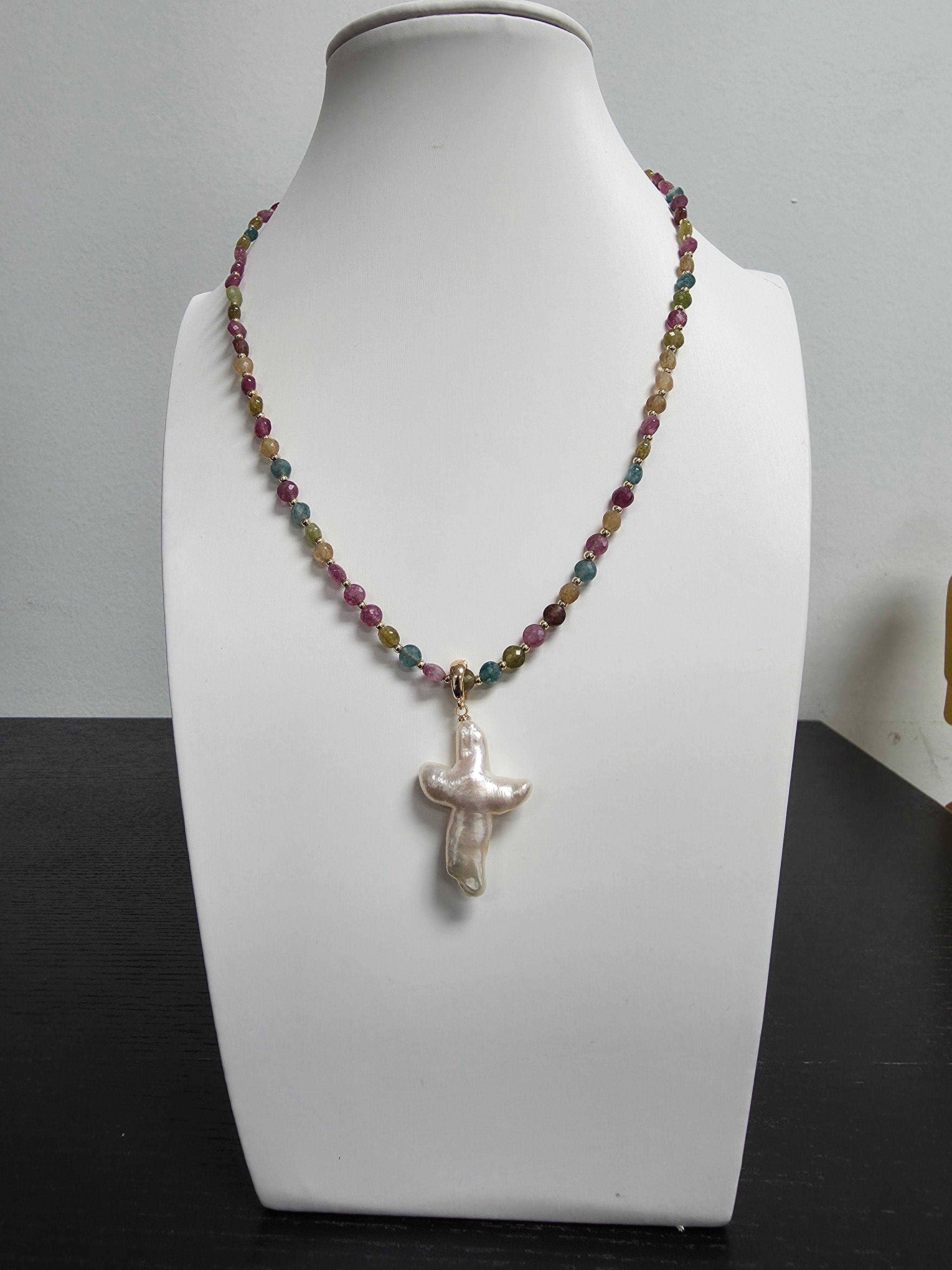 Multi Color Stone Beaded Necklace 17 inch with Pearl Charm CDESIGN-00451