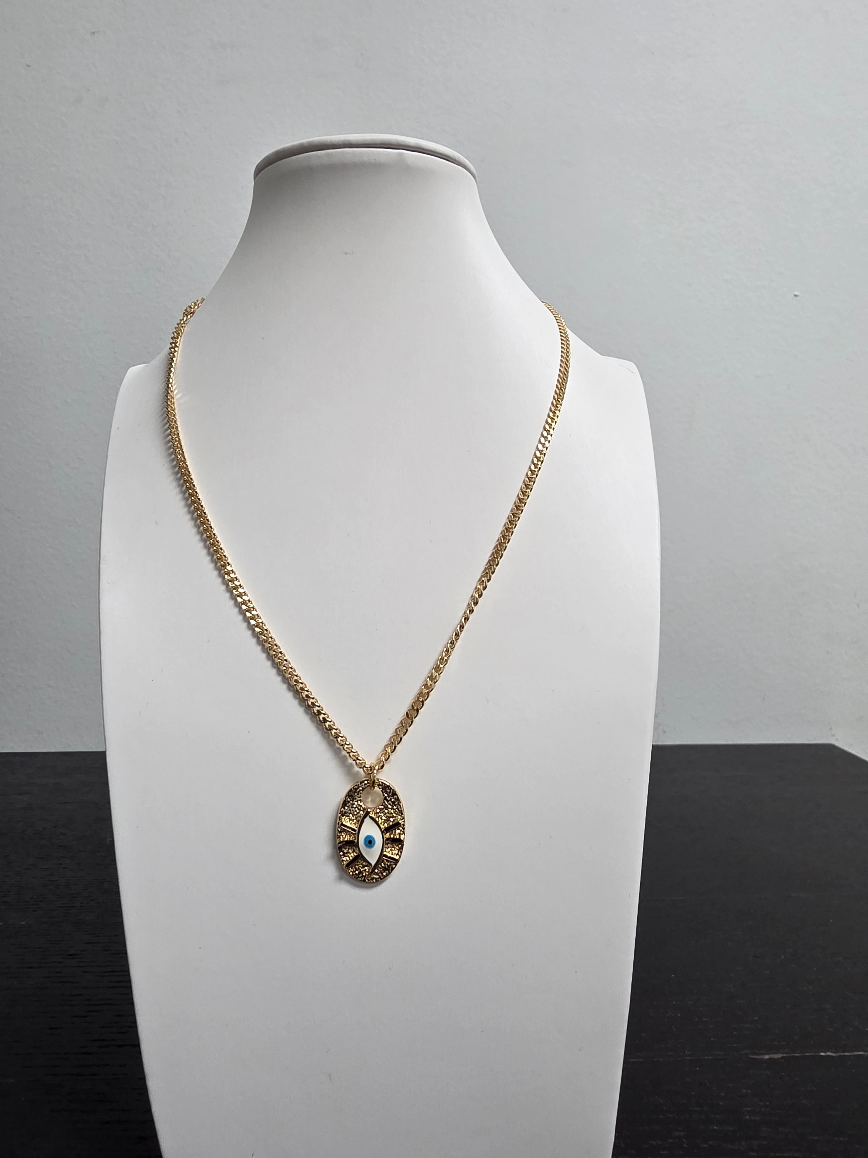 Curb Chain Evil Eye of Ra Hammered Charm 18 Inch Necklace CDESIGN-00468