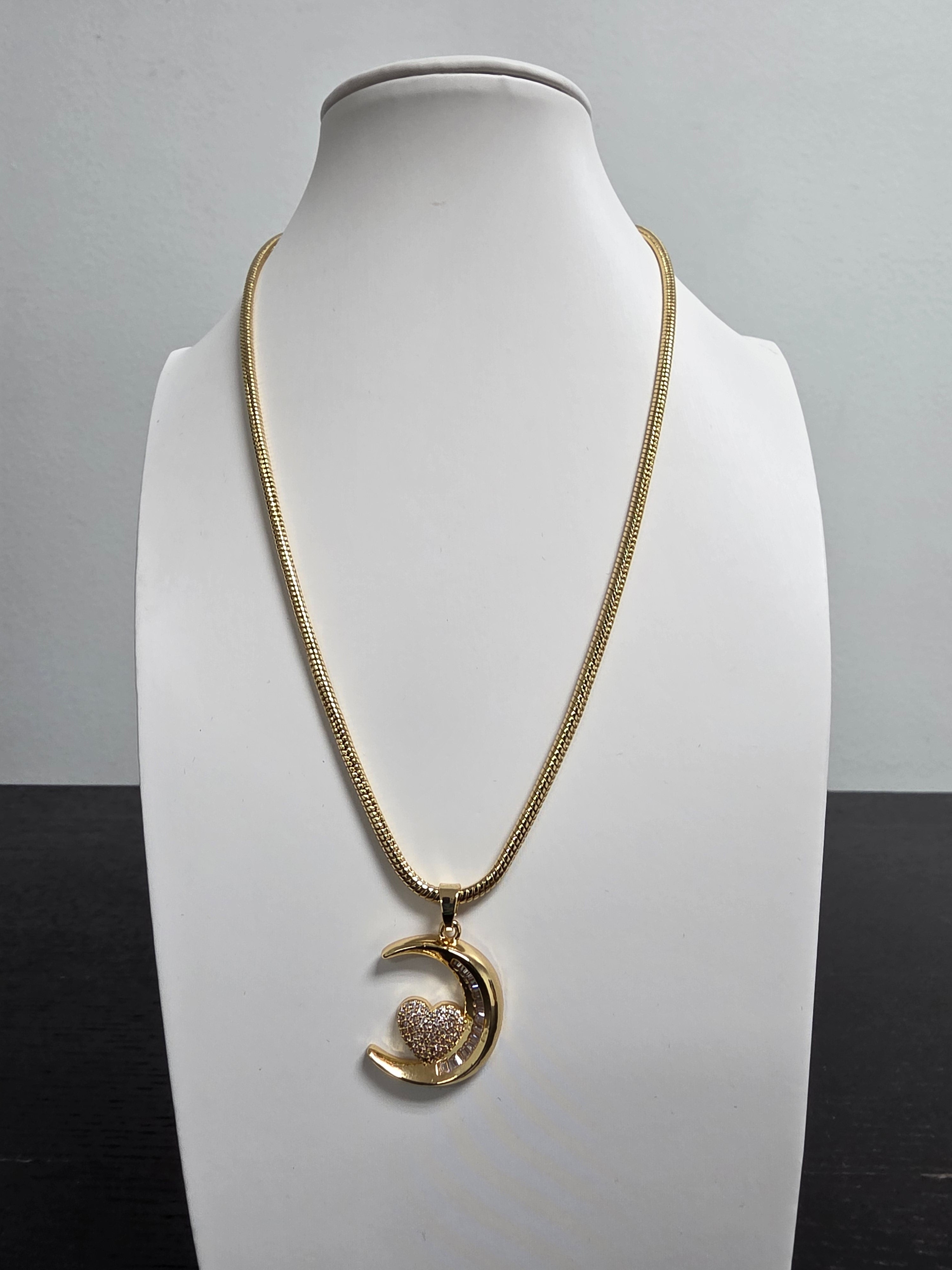 Cocoon Snak Chain Micro Paved Heart CZ Moon Charm 18 Inch Necklace CDESIGN-00471