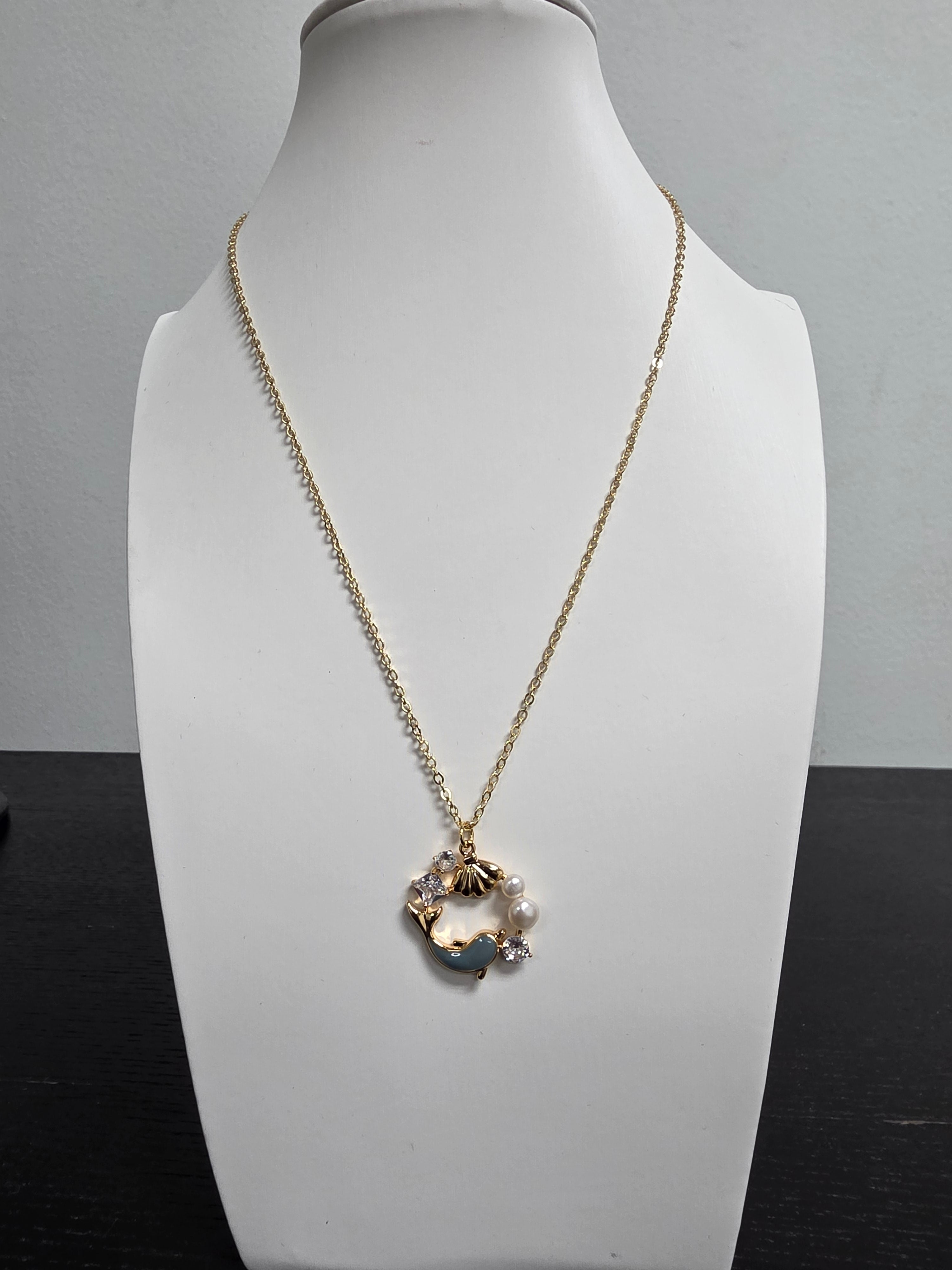 Dainty CZ Shell Pearl Dolphin Charm 18-Inch Necklace CDESIGN-00477