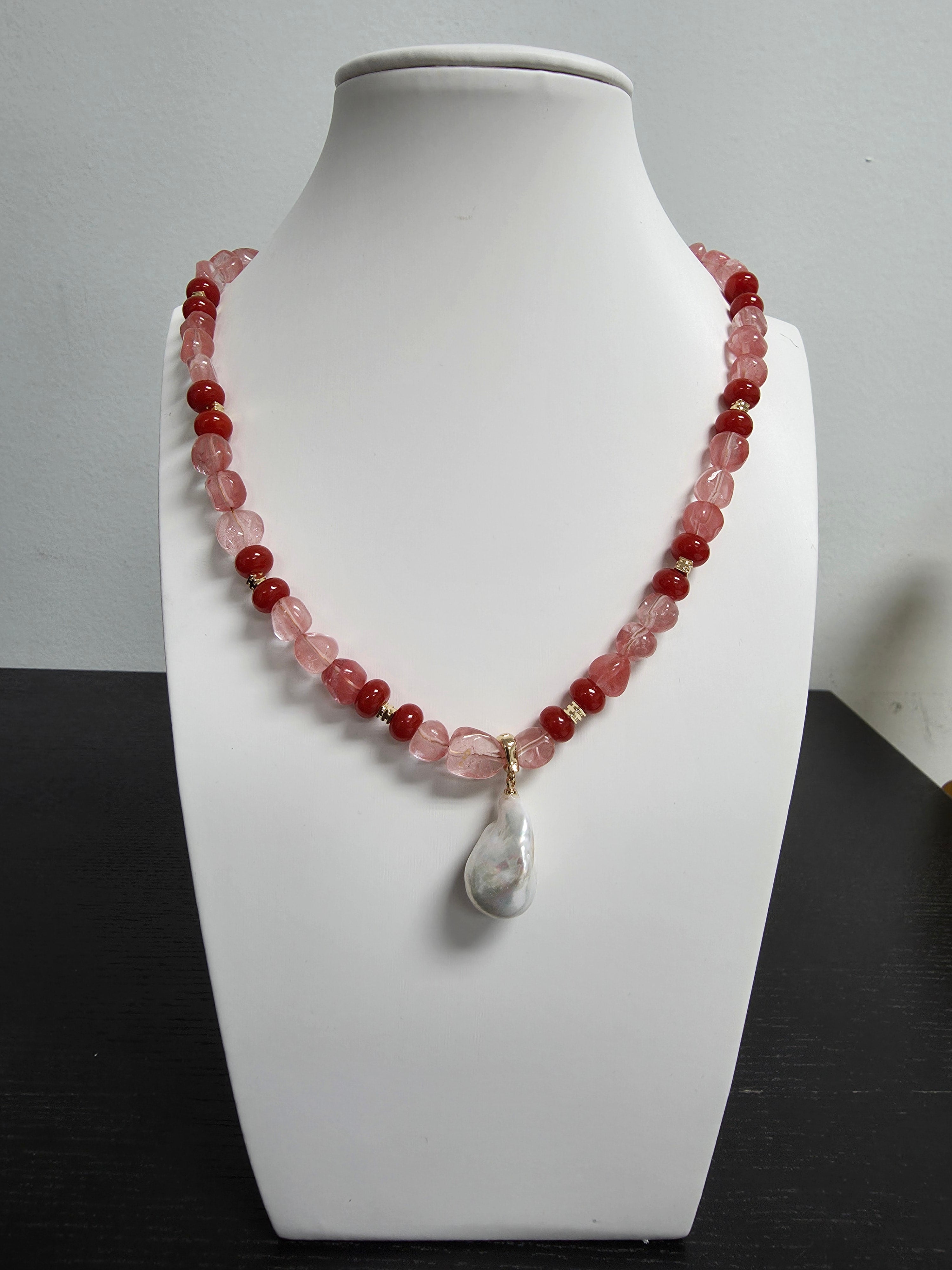 Red Quartz Carnelia Gemstone Pearl Necklace CDESIGN-00518