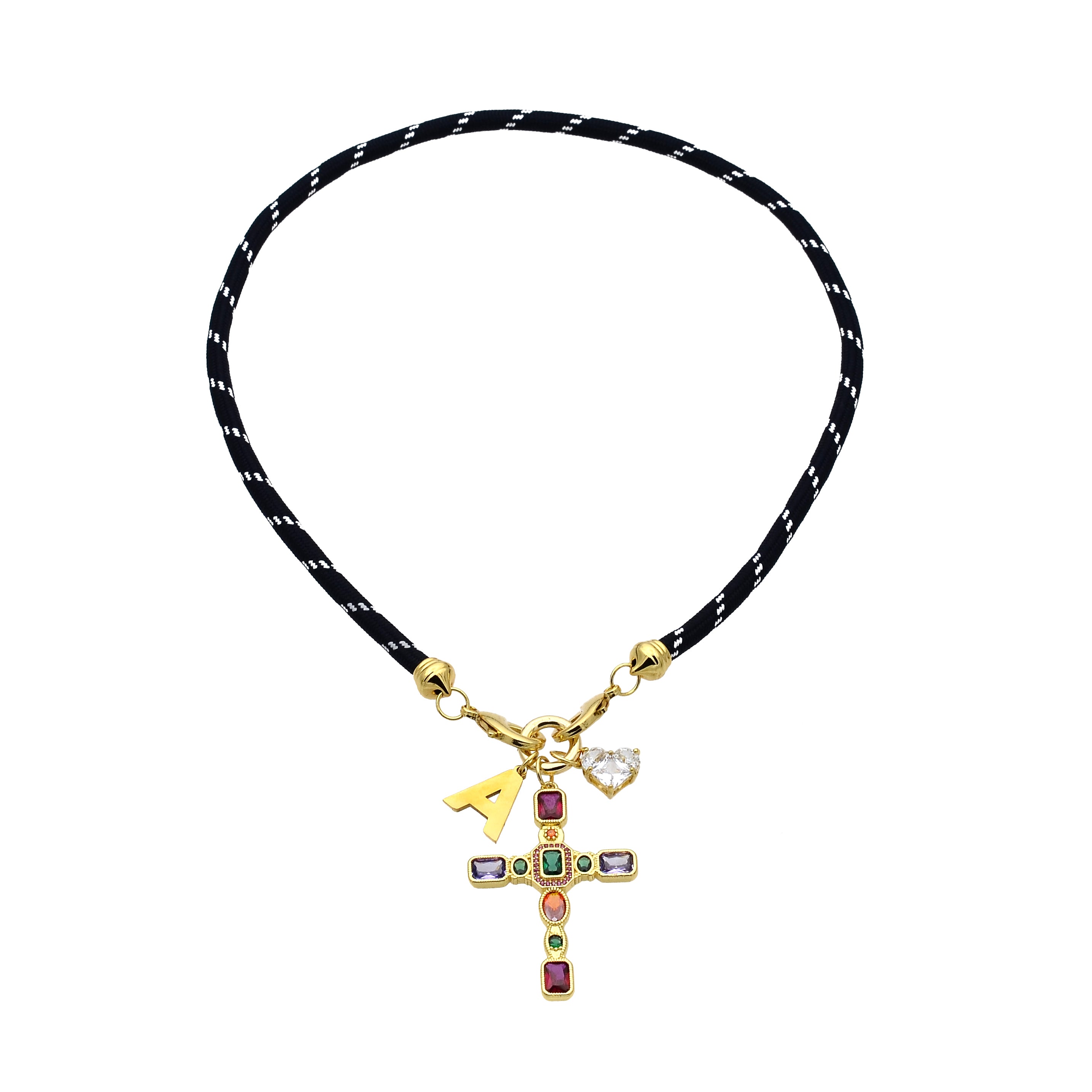 Blue Cord Necklace with Colorful CZ Cross Charm CDESIGN-00373