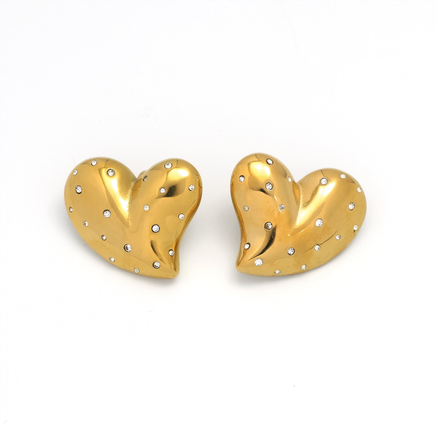 Gold Puffy or Silver Stainless Steel CZ Heart Studs ✦ EA-0017 EA-0018