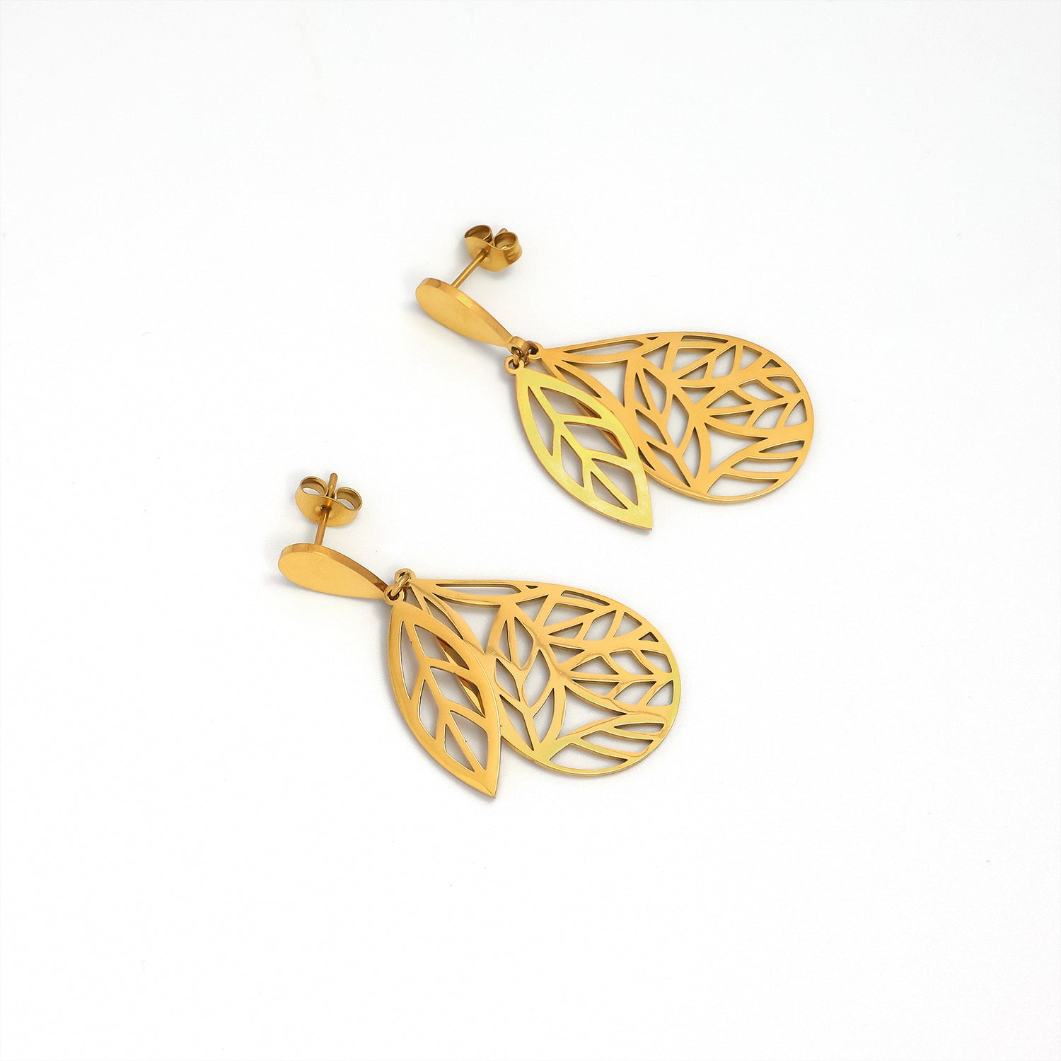 Gold Geometric Stainless Steel Leaf Dangling EA-0026