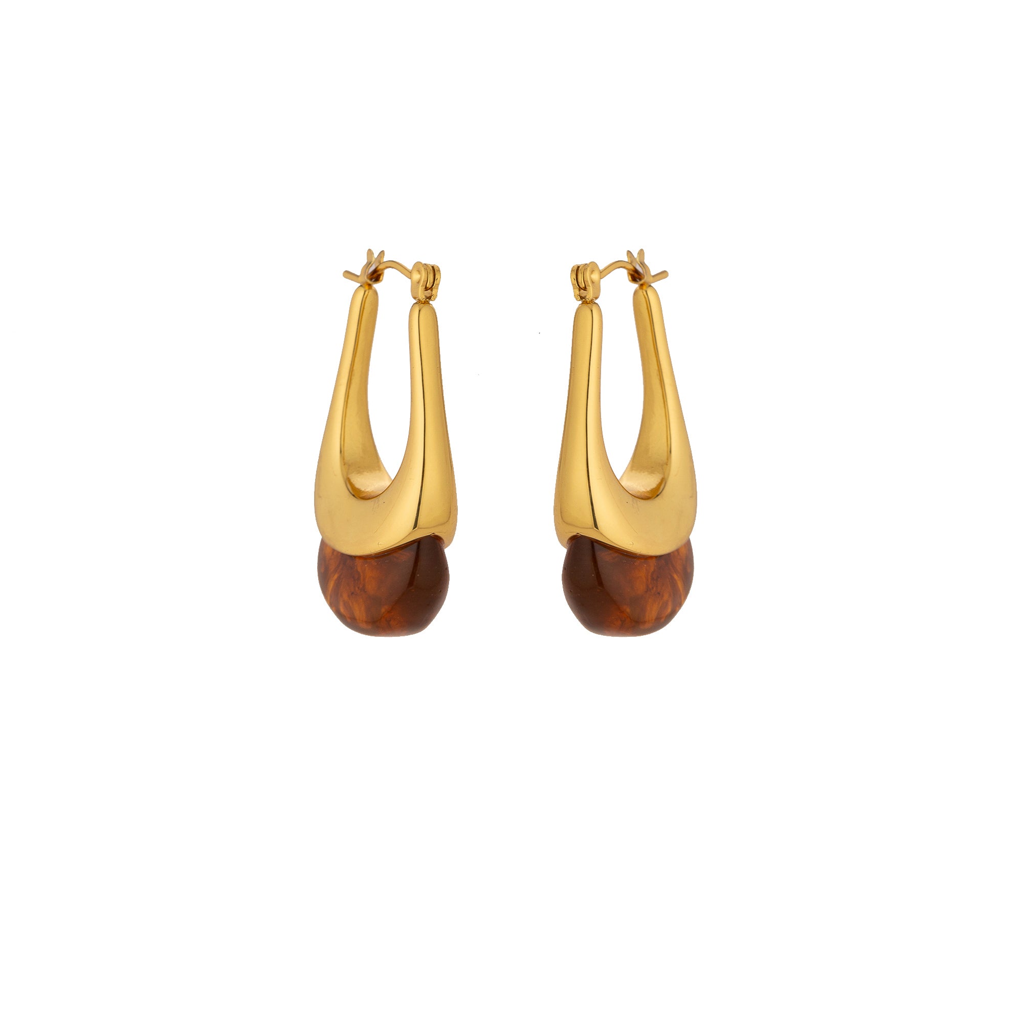 Chic gold elongated hoop earrings with brown resin gem EA-0343